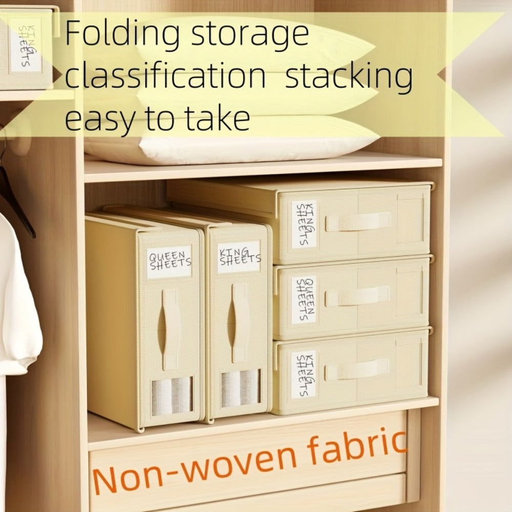 Bed Sheet Storage Organizer Boxes 4-Pack Foldable Fabric Bins with Clear Window & Label, Closet Bedding Storage Box for Sheets Duvet Covers Blankets Pillowcases, Oxford or Non-Woven, Grey Beige