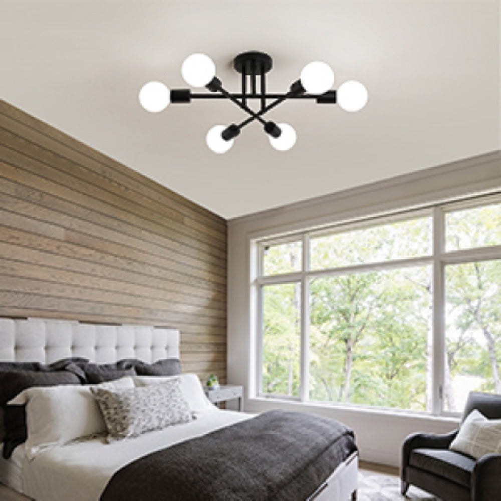 Sputnik Chandelier 6-Light Black Industrial Ceiling Light Fixture Semi Flush Mount for Bedroom Dining Room Living Room Kitchen