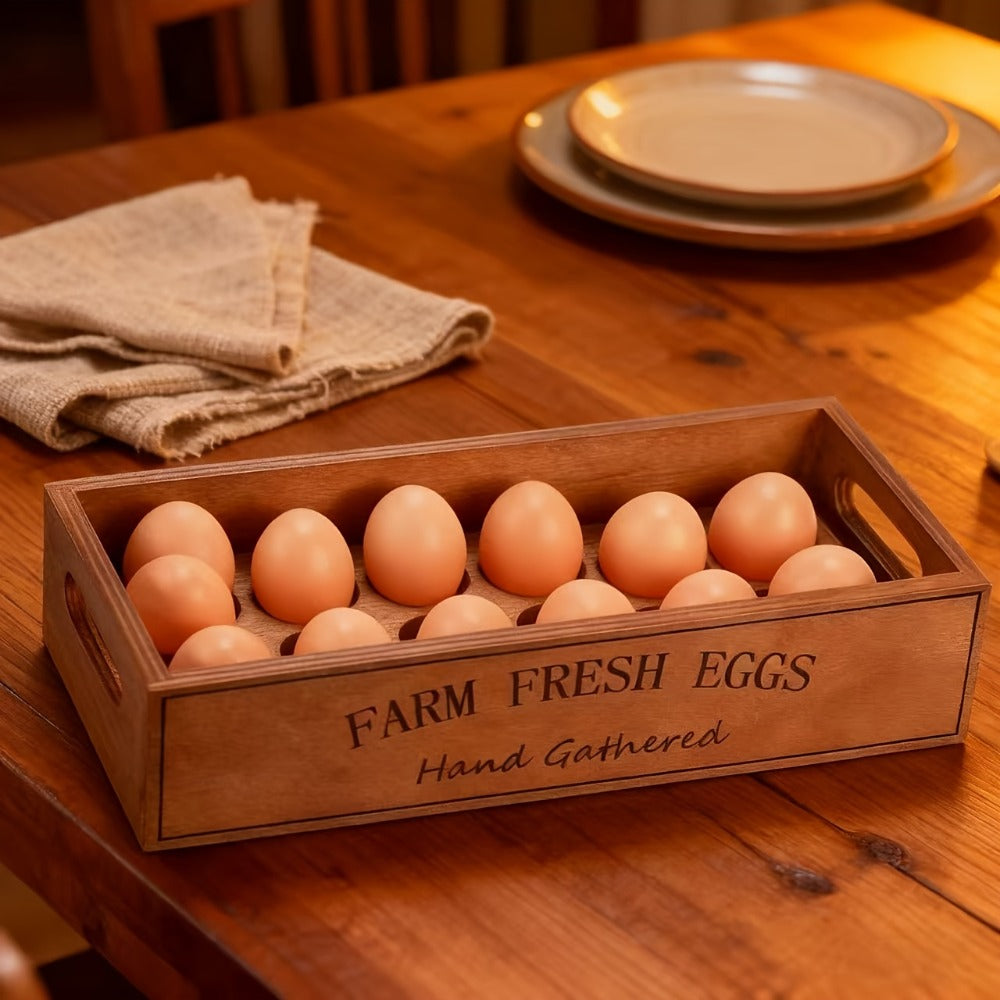 Farmhouse Wooden Egg Holder Rack 2pcs - 24 Egg Storage Display with Handle for Kitchen, Farm, Easter
