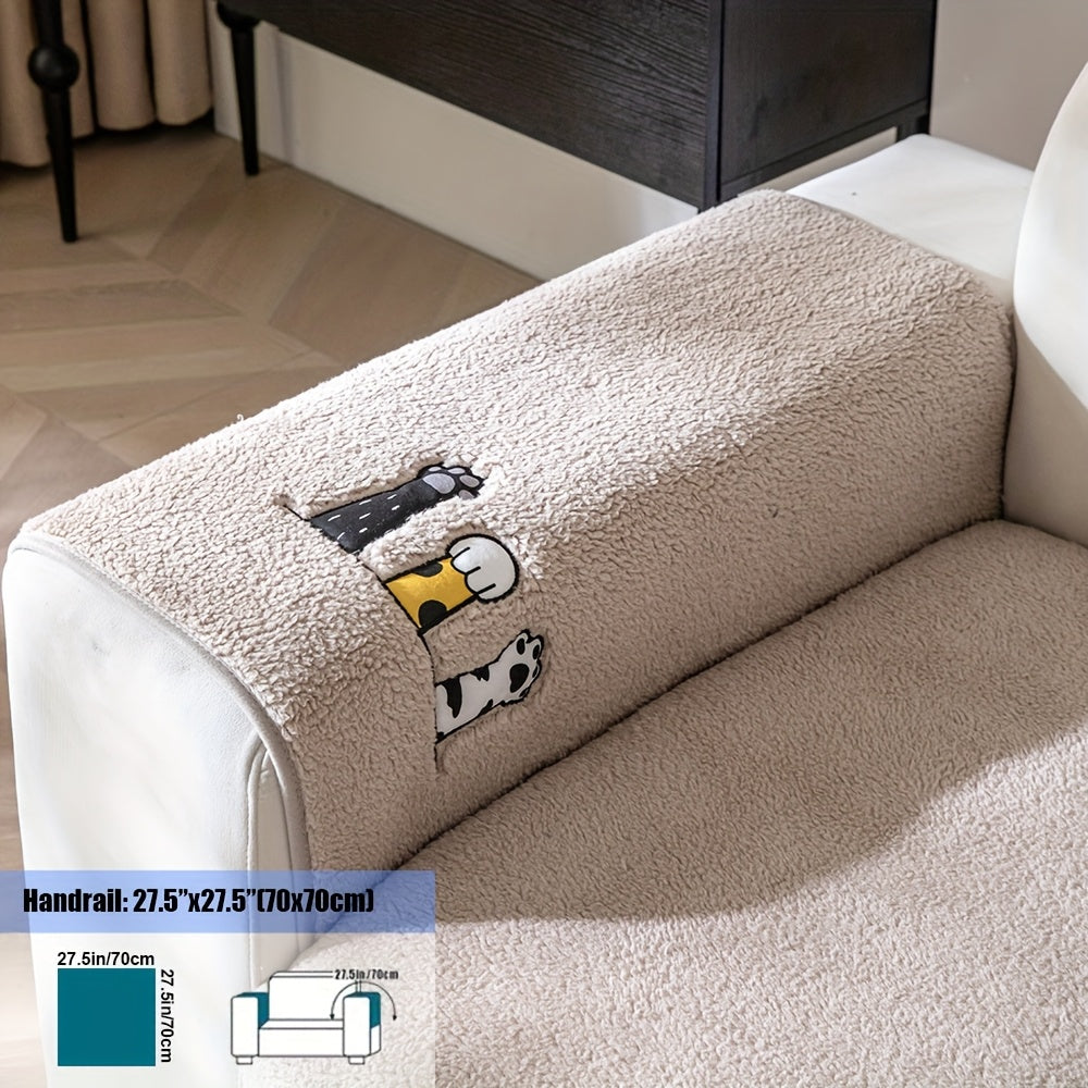 Sherpa Sofa Cover Cat Paw Embroidered Thick Plush Couch Slipcover Non-Slip Seat Cushion Protector Pet-Friendly Machine Washable Furniture Cover for Living Room Home Decor