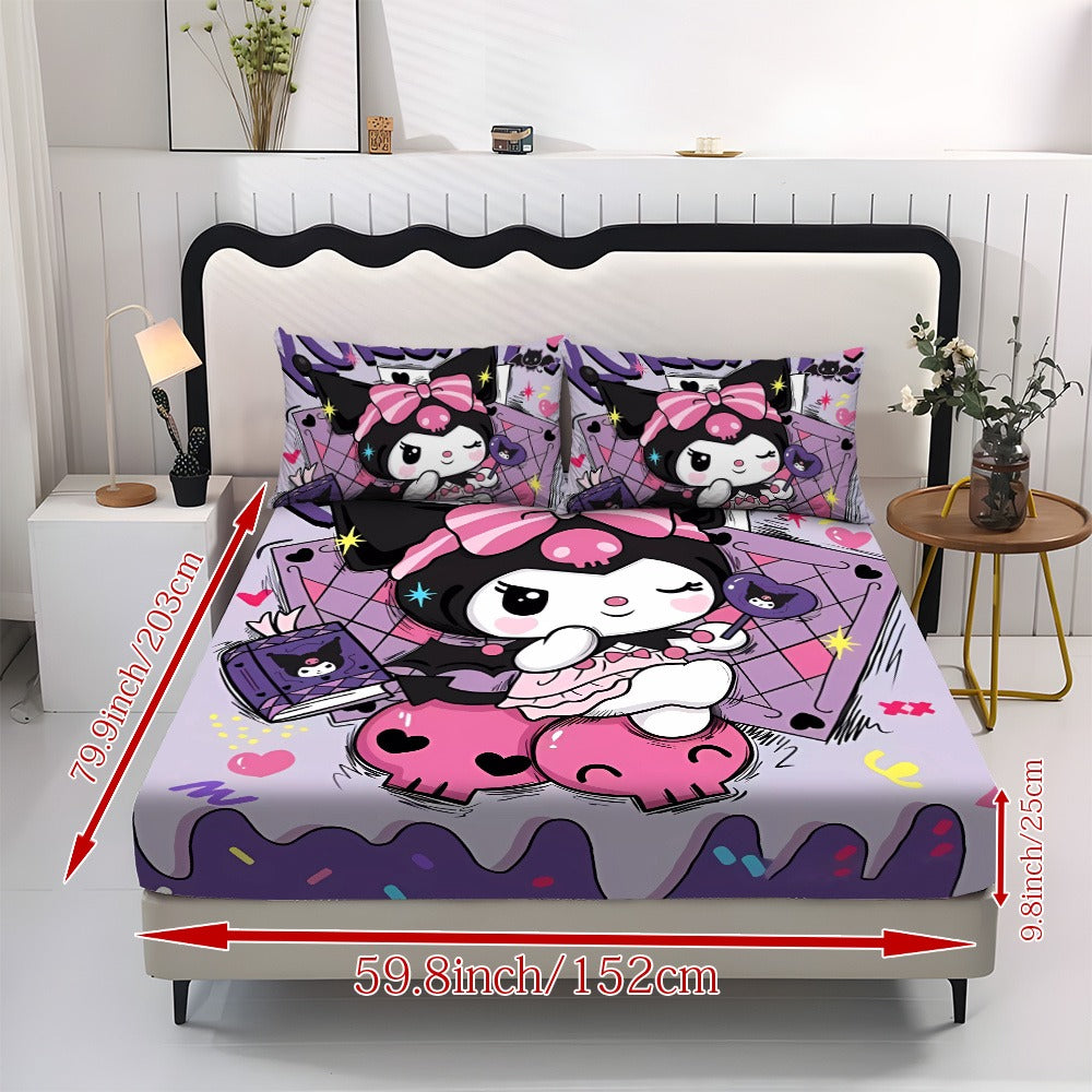 Sanrio Hello Kitty & Kuromi Bedding Set 3pcs ¨C Fitted Sheet & Pillowcases, Soft Polyester, Machine Washable, Twin Full Queen King, All-Season Bedroom Decor for Kids Girls Home Guest Room
