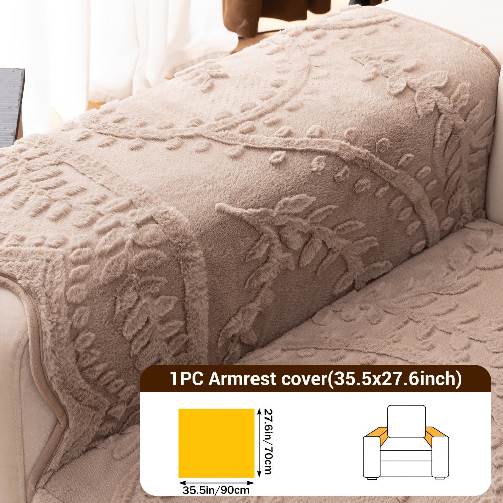 Faux Rabbit Fur Plush Sofa Cover Non-Slip | Thickened Quilted Couch Cushion, Machine Washable Pet Friendly, 1 to 4 Seat Armrest Backrest, White Light Grey Brown, Home Winter Decor