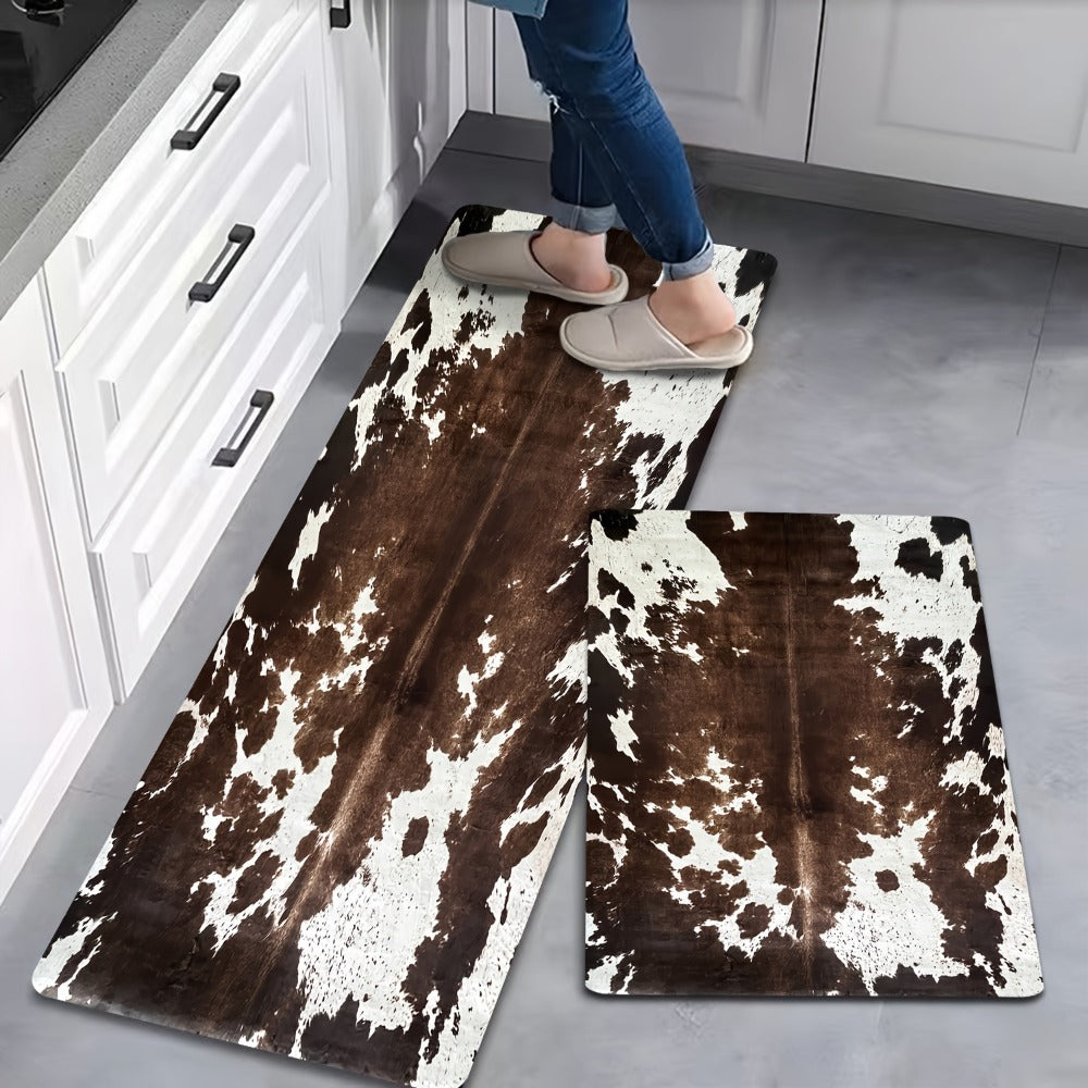 Cowhide Patterned Kitchen Mats Set of 2 ¨C Memory Foam Anti-Fatigue Floor Mats, Non-Slip Animal Print Cushioned Standing Mat for Kitchen Hallway Bathroom Laundry Room