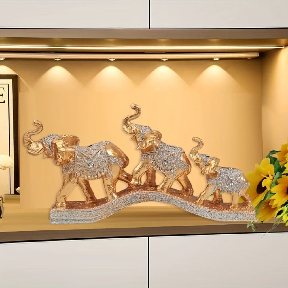 Golden Elephant Figurine Set of 3 - Lucky Elephant Statue Home Decor, Resin Elephant Family Sculpture for Living Room TV Cabinet Office Desktop, Wealth Attracting Housewarming Gift, 14 Inch