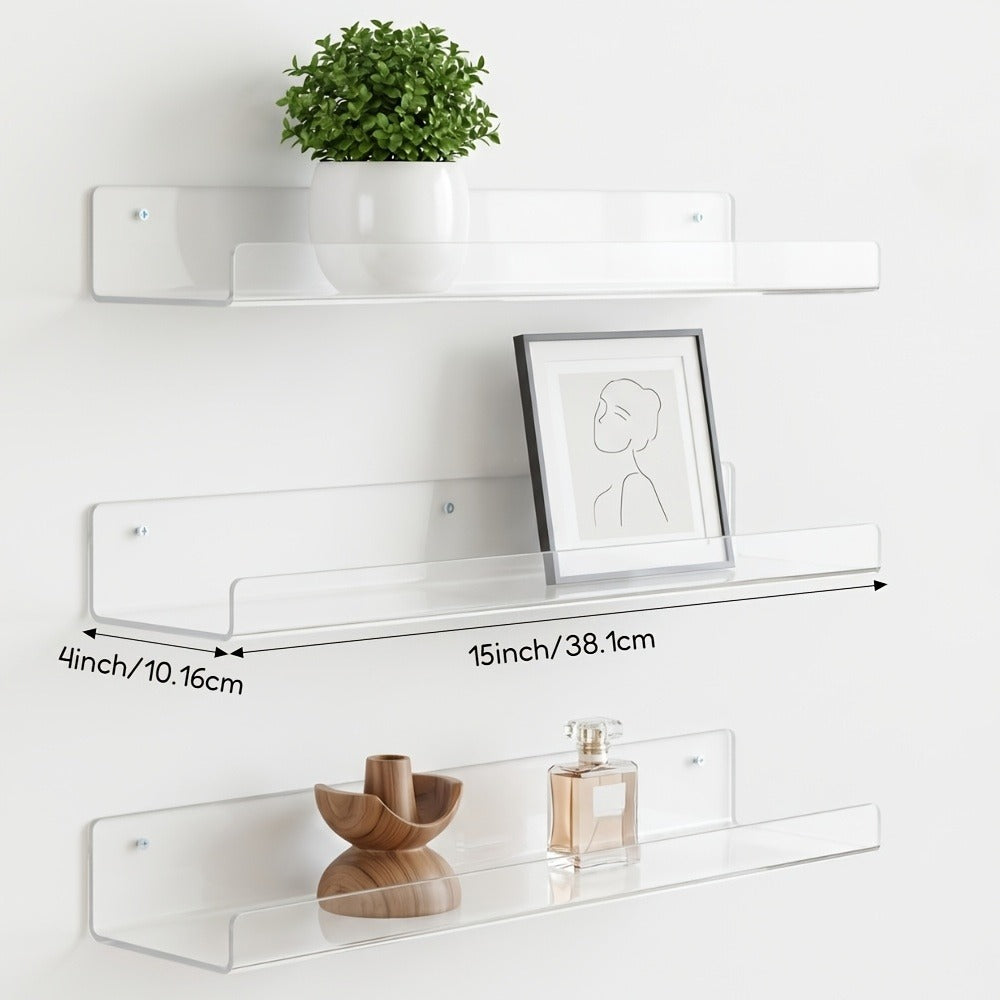 Acrylic Floating Wall Shelves - Clear Display Shelf Organizer for Bathroom, Bedroom, Living Room & Kitchen, 15x4 Inch Wall Mounted Storage Bookshelf, Set of 4/8/16 Pack Room Decor
