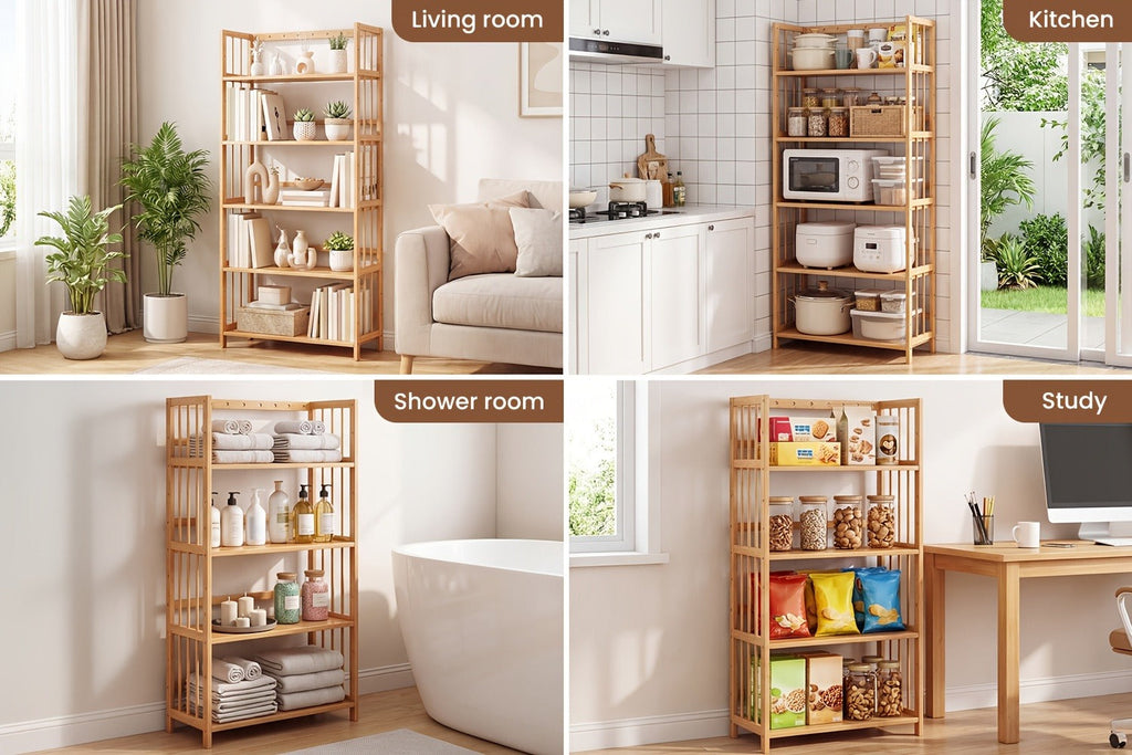 Bamboo Bookshelf Narrow 4 Tier Adjustable Shelves Wooden Bookcase Storage Shelf Organizer for Small Spaces Bedroom Living Room Home Office Standing Shelf