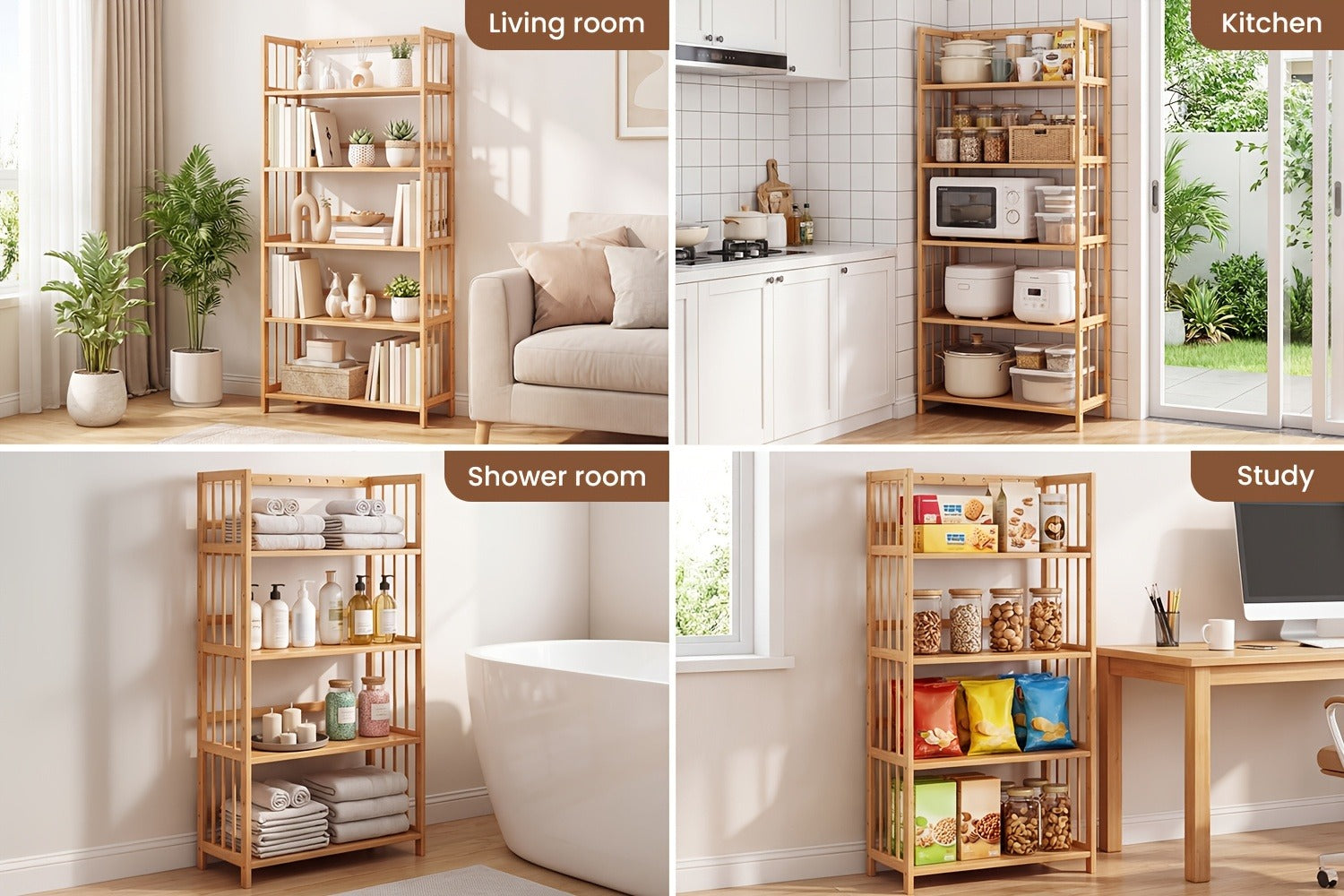 Bamboo Bookshelf Narrow 4 Tier Adjustable Shelves Wooden Bookcase Storage Shelf Organizer for Small Spaces Bedroom Living Room Home Office Standing Shelf