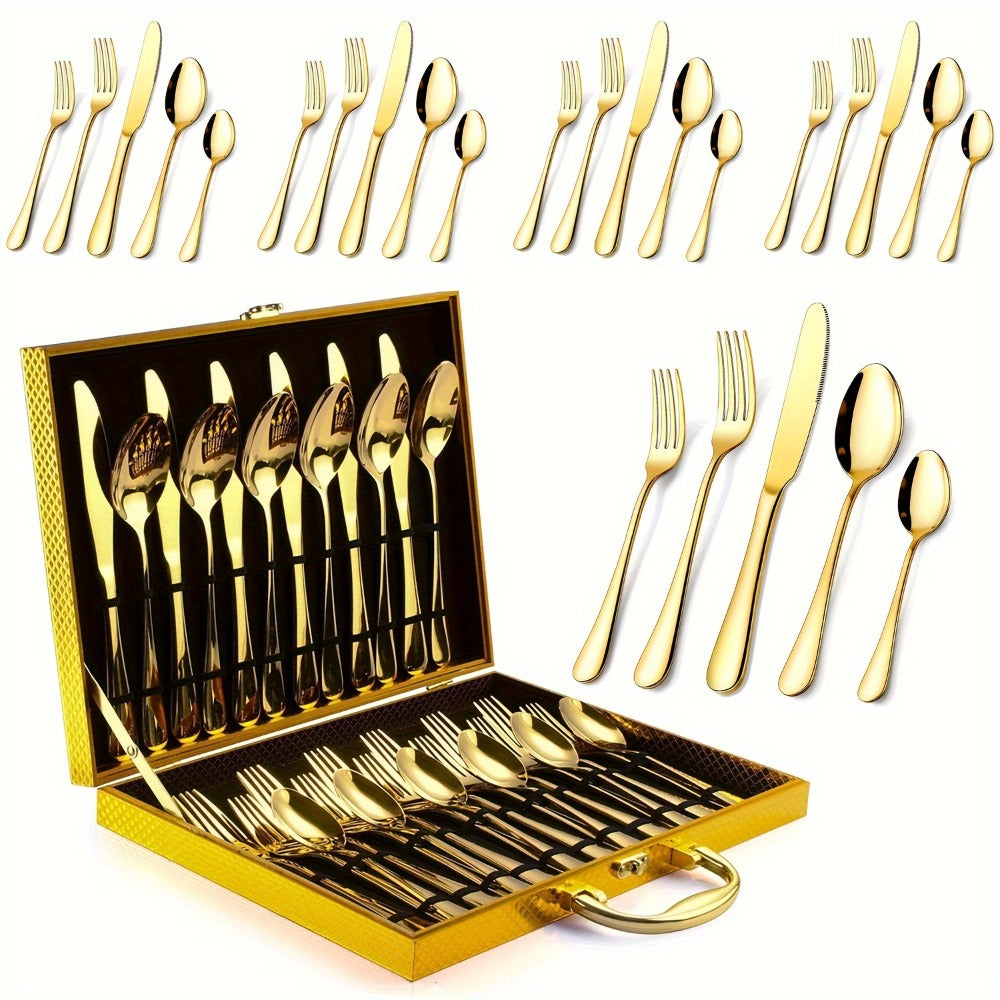 30pcs Golden Stainless Steel Flatware Set for 6 People Mirror Polish Knives Forks Spoons Silverware with Wooden Gift Box for Wedding Celebration Banquet Business Gift