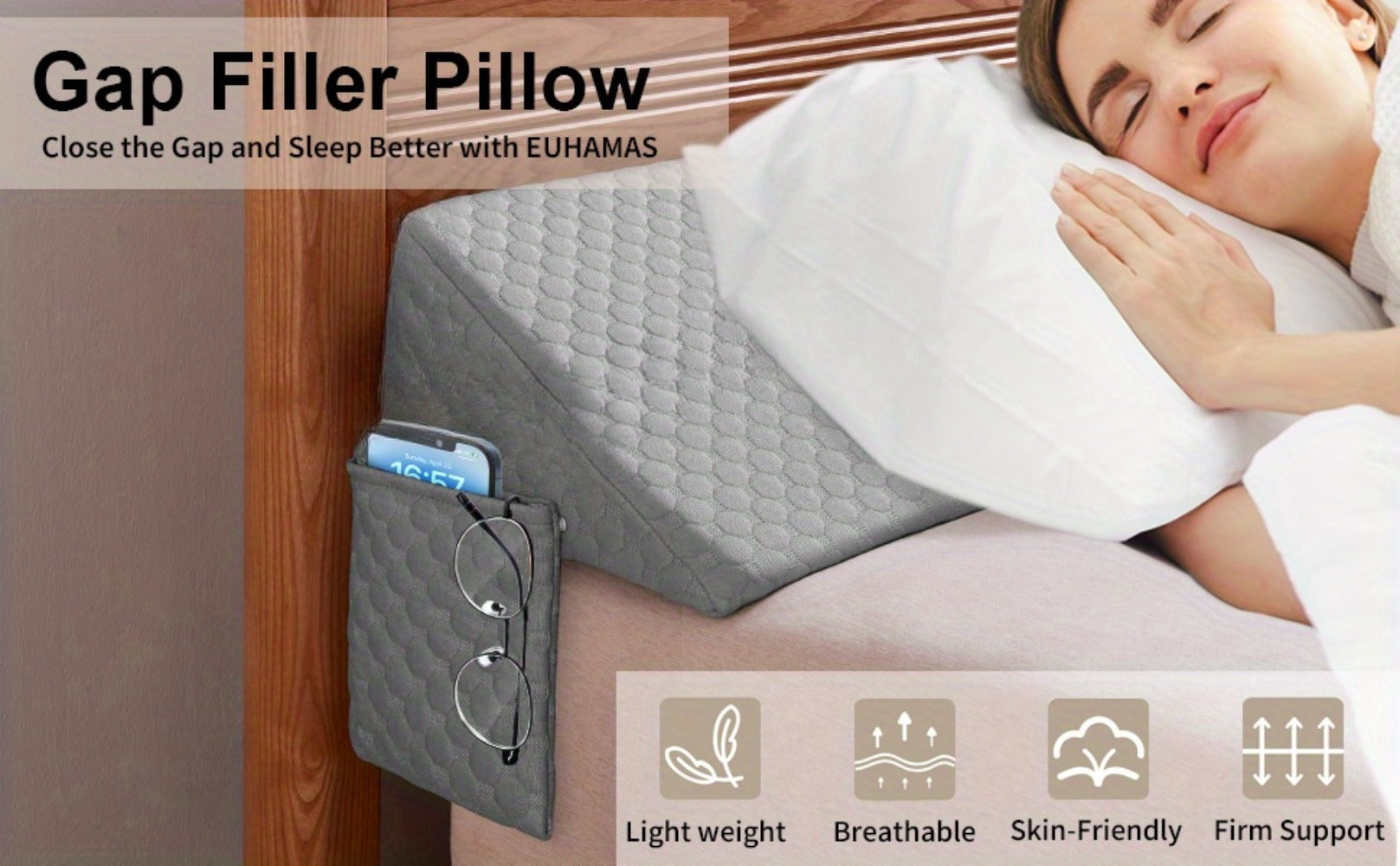 Bed Wedge Pillow Bed Gap Filler - Memory Foam Mattress Wedge Headboard Pillow for Sleeping, Backrest & Post-Surgery Support