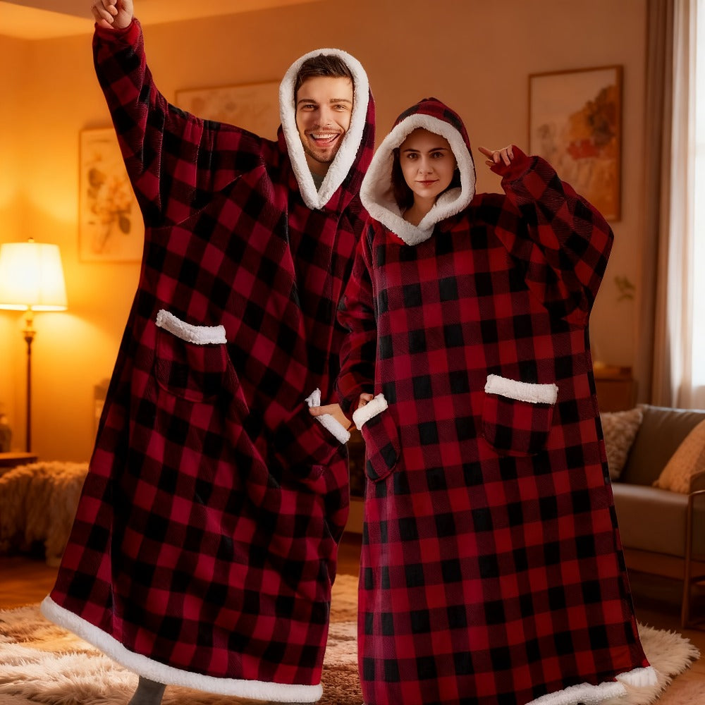 Plaid Fleece Wearable Hooded Blanket ¨C 400gsm Warm Cozy Oversized Hoodie Bedspread, Machine Washable, 4 Colors, 70¡± Length