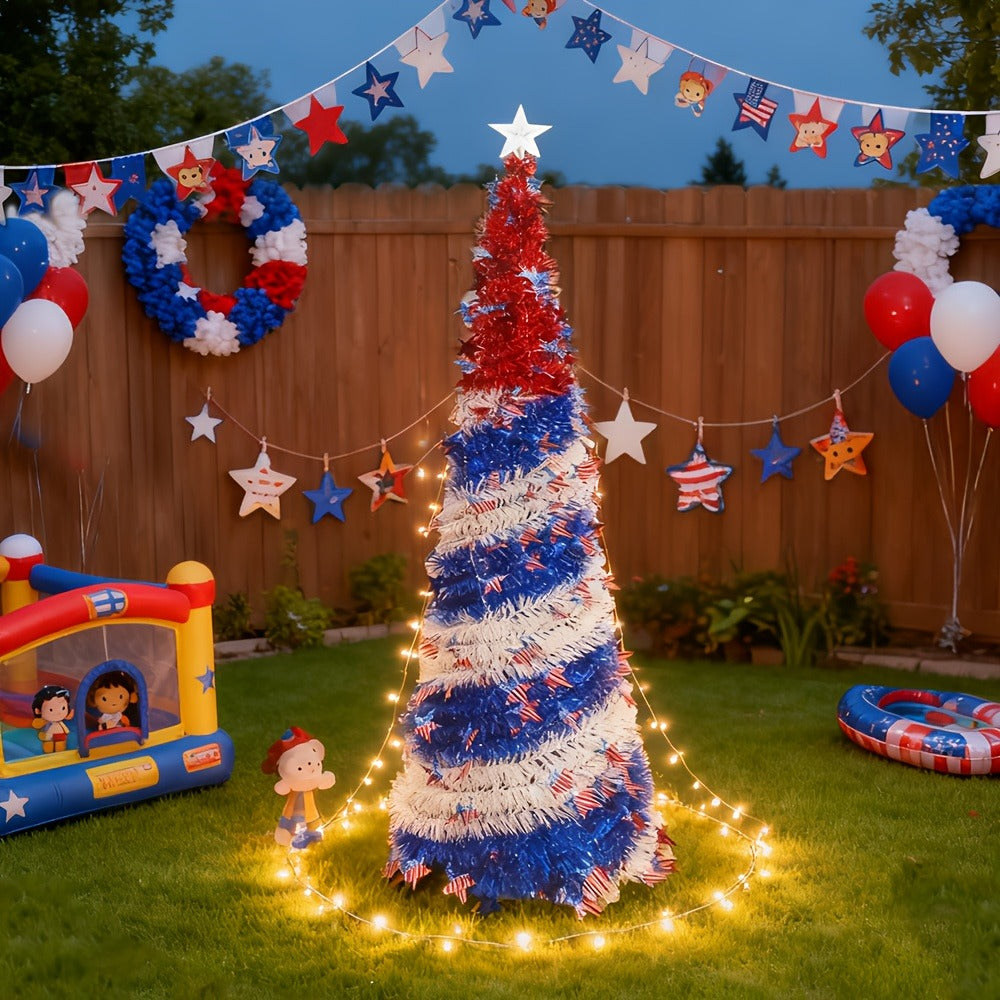 4th of July Patriotic Decoration Tree 5ft ¨C Foldable LED Light String with Red White Blue Stars & Stripes, Independence Day Party Decor, Patriotic Theme Display Tree, Summer Holiday Gift