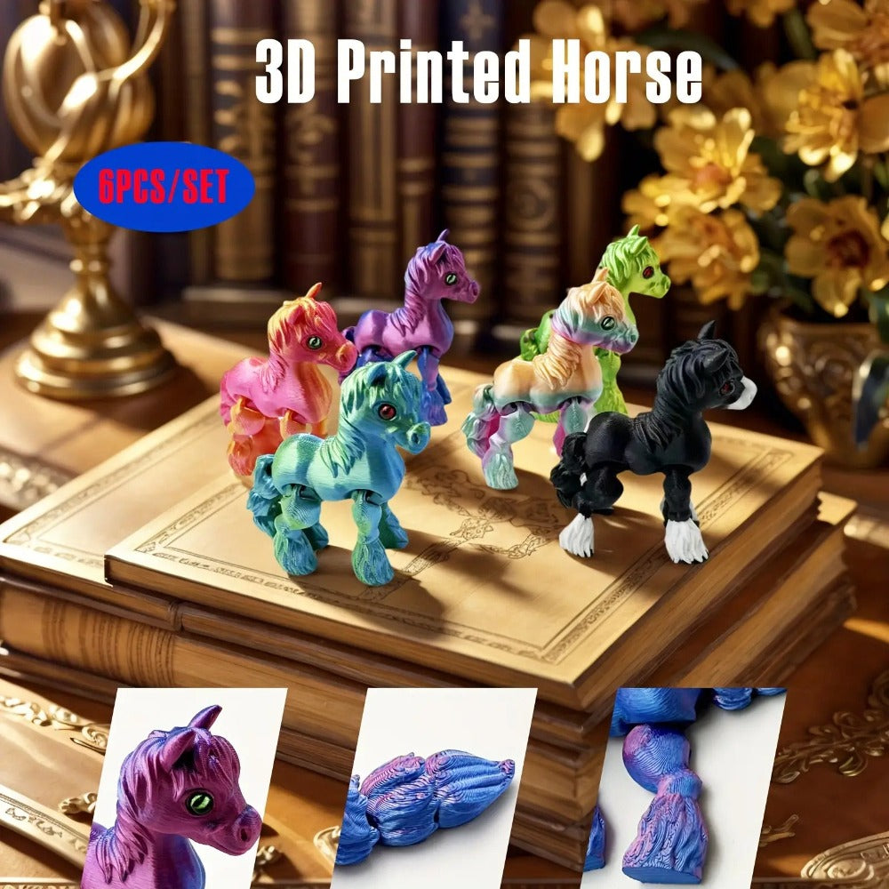 3D Printed Horse Figurines Set of 6 - Articulated Movable Joints Collectible Animal Statue Desktop Sculpture Home Office Decor Gift