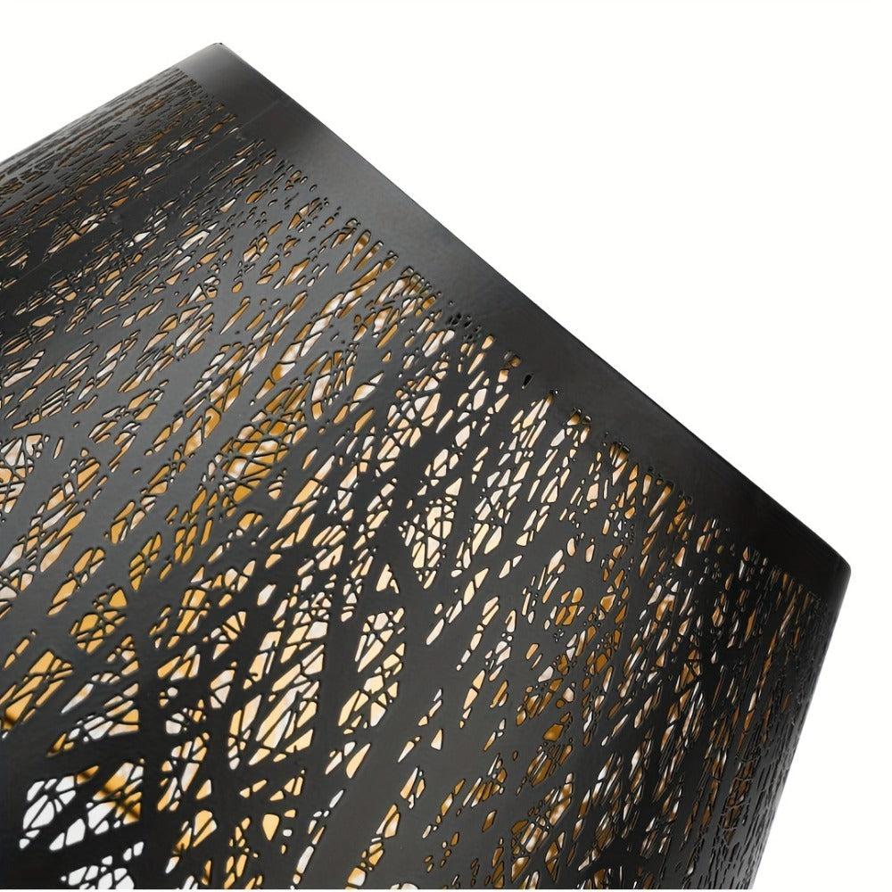 Metal Lampshade Etched Forest & Leaf Design | Black Exterior Gold Interior | Barrel Lamp Shade for Table Lamp & Floor Lamp | Medium Large Decorative Lampshade 7x13x7.8 inch