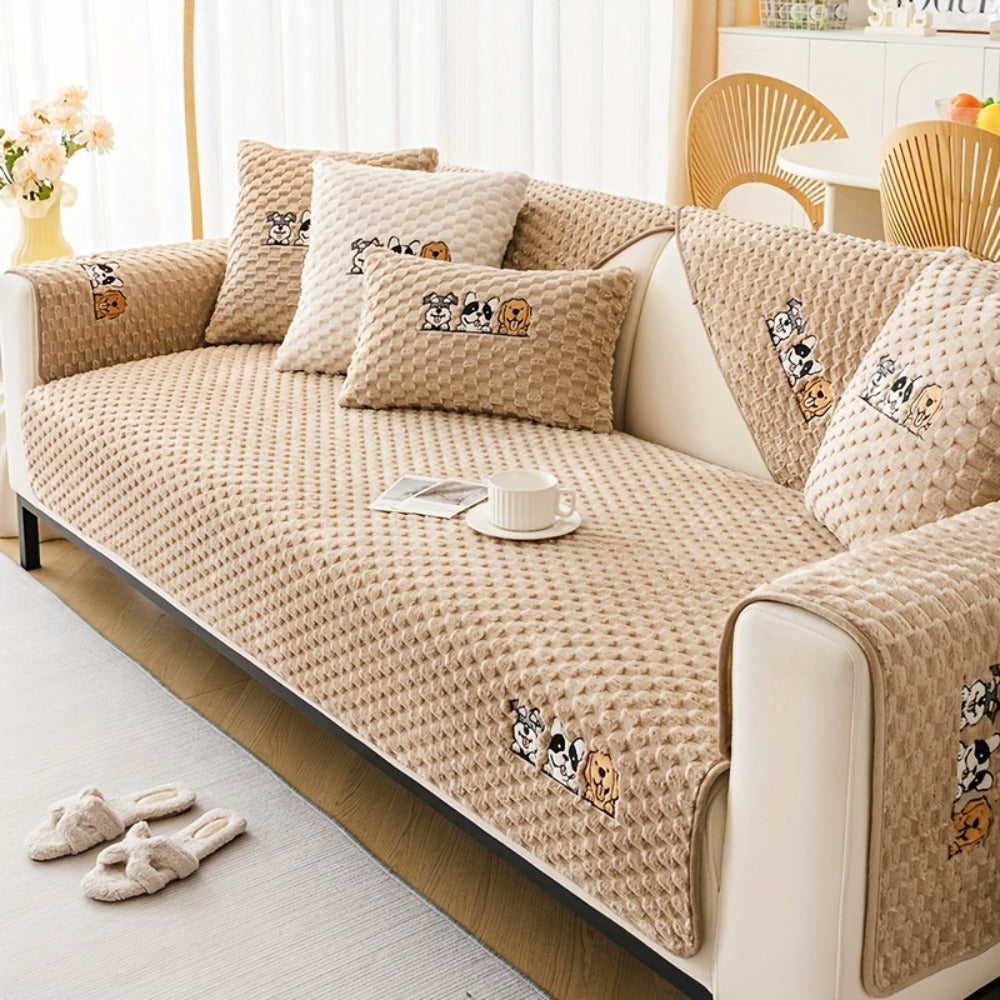 Velvet Sofa Slipcover Honeycomb Texture 1pc - Cute Dog Embroidery Bohemian Style Non-Slip Pet Friendly Machine Washable Polyester Couch Cover | Gray Khaki White | 2 3 4 Seat Living Room Home Decor