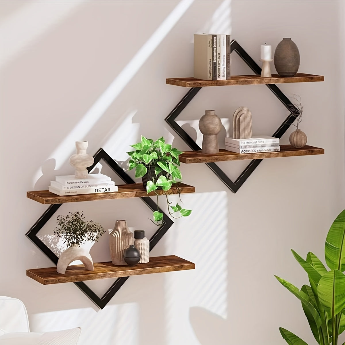 Floating Wall Shelves Double Layer Geometric Diamond Metal Wire Wood Display Stand Industrial Style for Living Room Kitchen 2 4 Pack