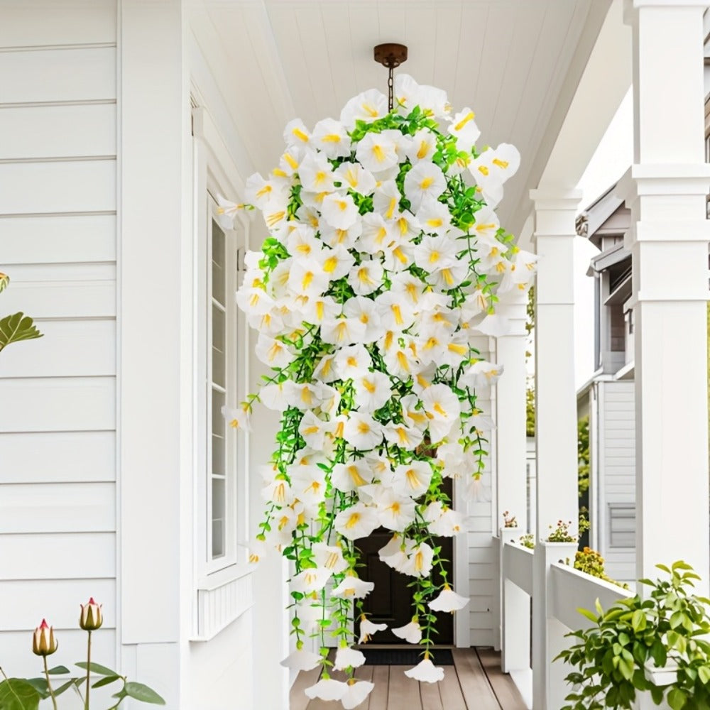 Artificial Flowers Outdoor UV Resistant 4 Bundles Hanging Morning Glory Fake Flowers for Porch Window Box Garden Home Decor Thanksgiving Christmas