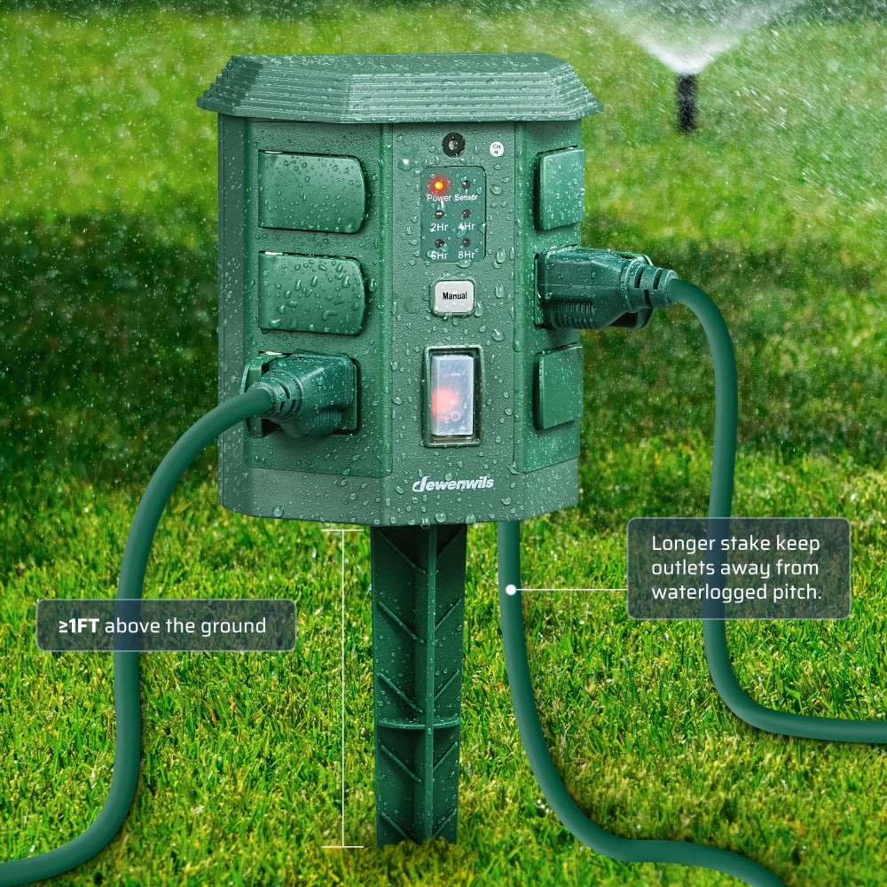 Outdoor Power Stake Timer 6 Outlet Weatherproof ¨C 100FT Wireless Remote Control, Dusk to Dawn Photocell Sensor, 7 Timer Modes, 6FT Cord, Overload Protection for Garden Yard Christmas Holiday Lights