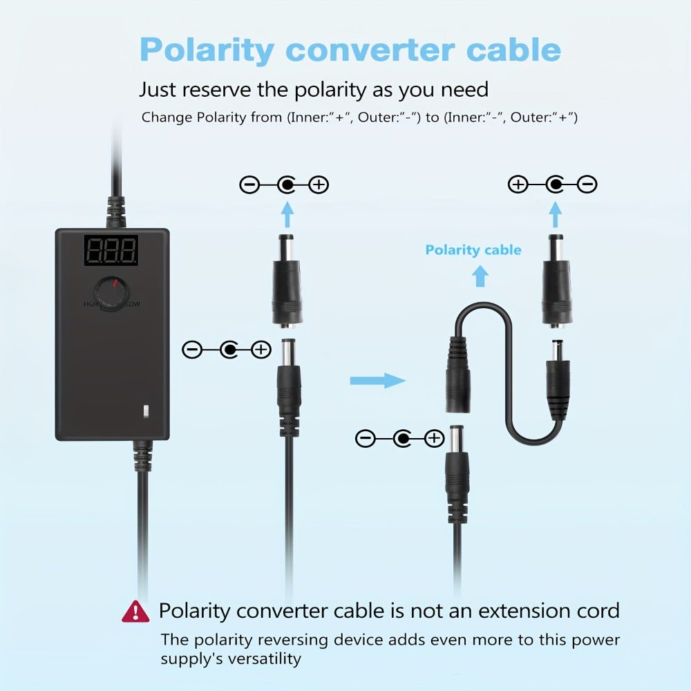 Adjustable AC DC Power Adapter 24W 3-12V 2A Universal Power Supply 100-240V with LED Voltage Display 14 Tips Polarity Converter for Small Home Electronics