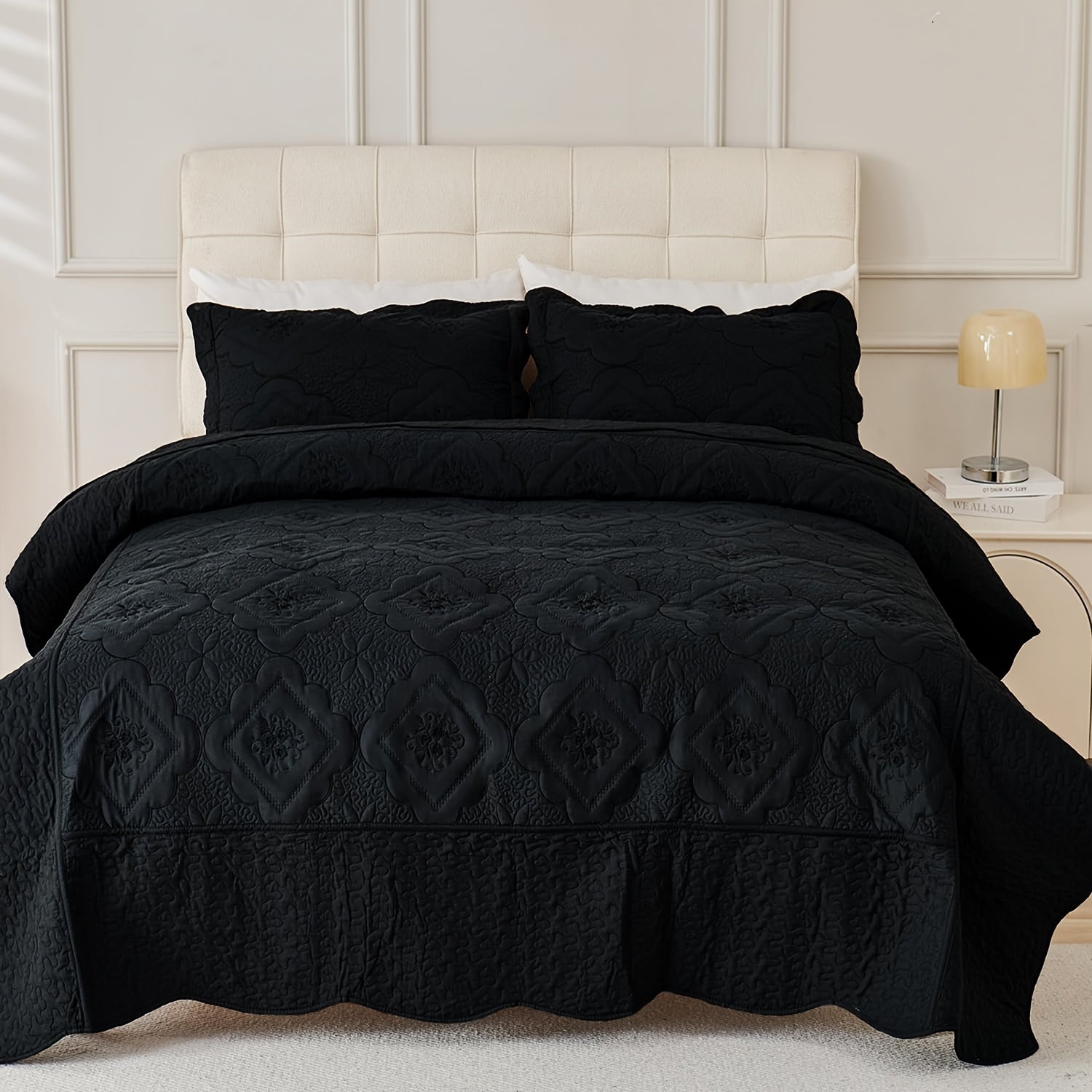 Quilt Set 3 Piece Floral Embroidery Bedspread - 100% Polyester Wrinkle Resistant Lightweight Quilted Coverlet with 2 Pillow Shams for Full Queen King Bed, Elegant Bedroom Decor in 19 Colors