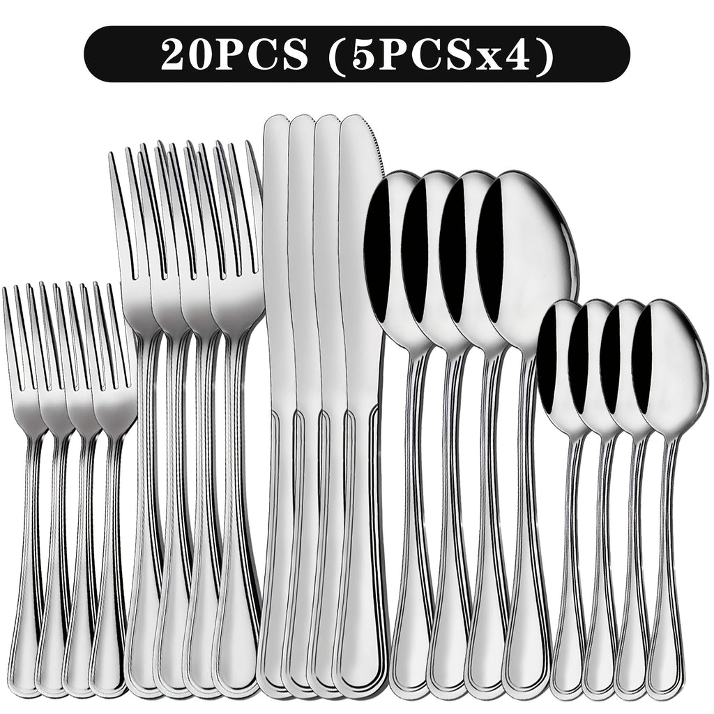 Stainless Steel Flatware Cutlery Set ¨C Mirror Polished, Dishwasher Safe, Silver & Black Options, Service for 4 / 8 / 12 ¨C Kitchen Utensil Set for Home, Restaurant & Wedding Gift