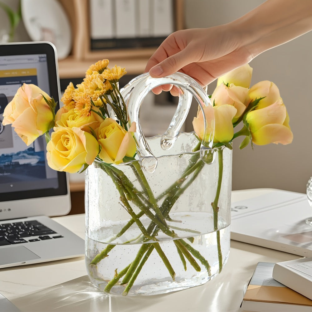 Glass Purse Vase for Flowers Glow in the Dark Vase Fish Bowl Bubble Clear Bag Vase with Handle 7.7x3.9x10.4In Unique Decorative Vases for Centerpieces Wedding Table Christmas Home Decor