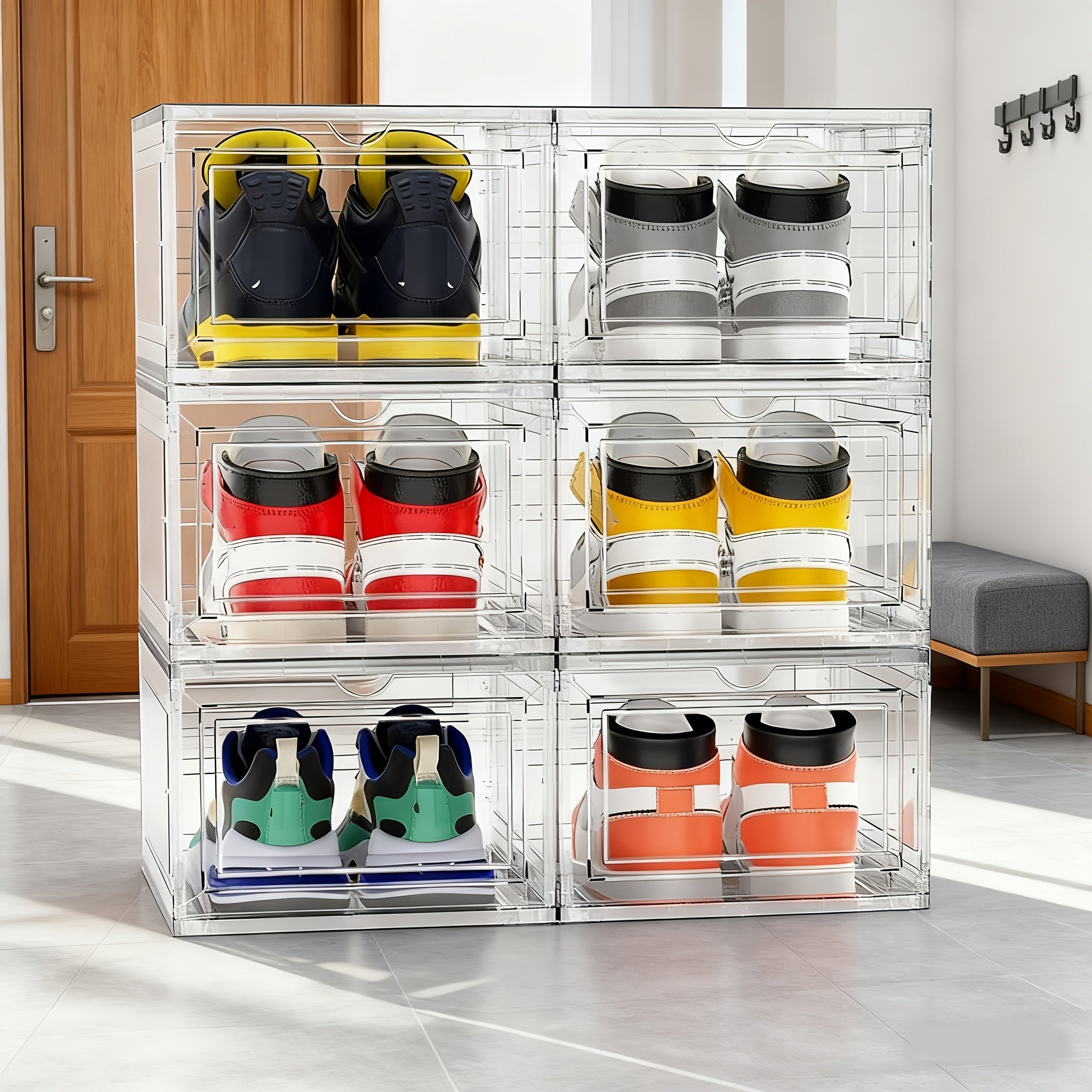 Clear Stackable Shoe Storage Boxes 6/12 Pack XX Large Hard Plastic Organizer for Size 12 Sneakers Closet White