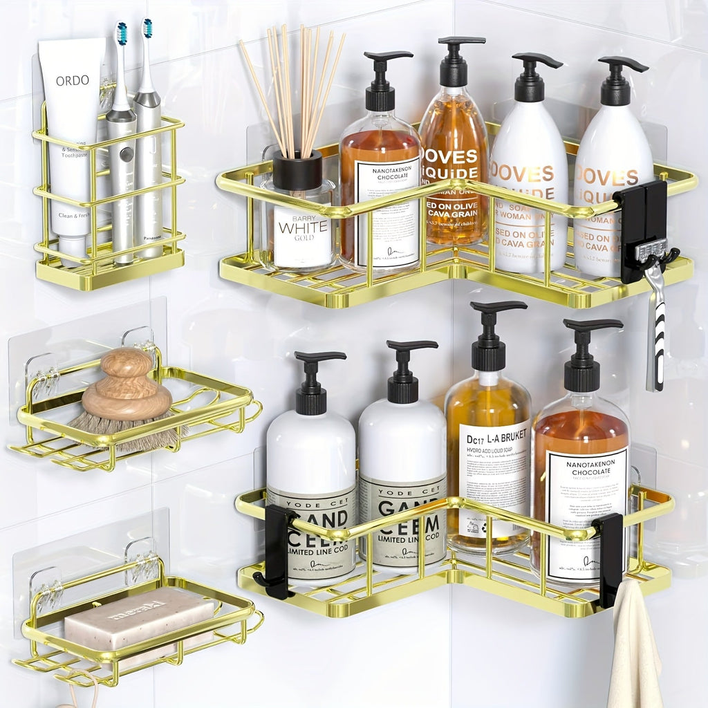 Corner Shower Caddy 5 Pack with Soap Holder & 4 Removable Hooks ¨C Rustproof No Drill Shower Shelf Organizer for Inside Shower