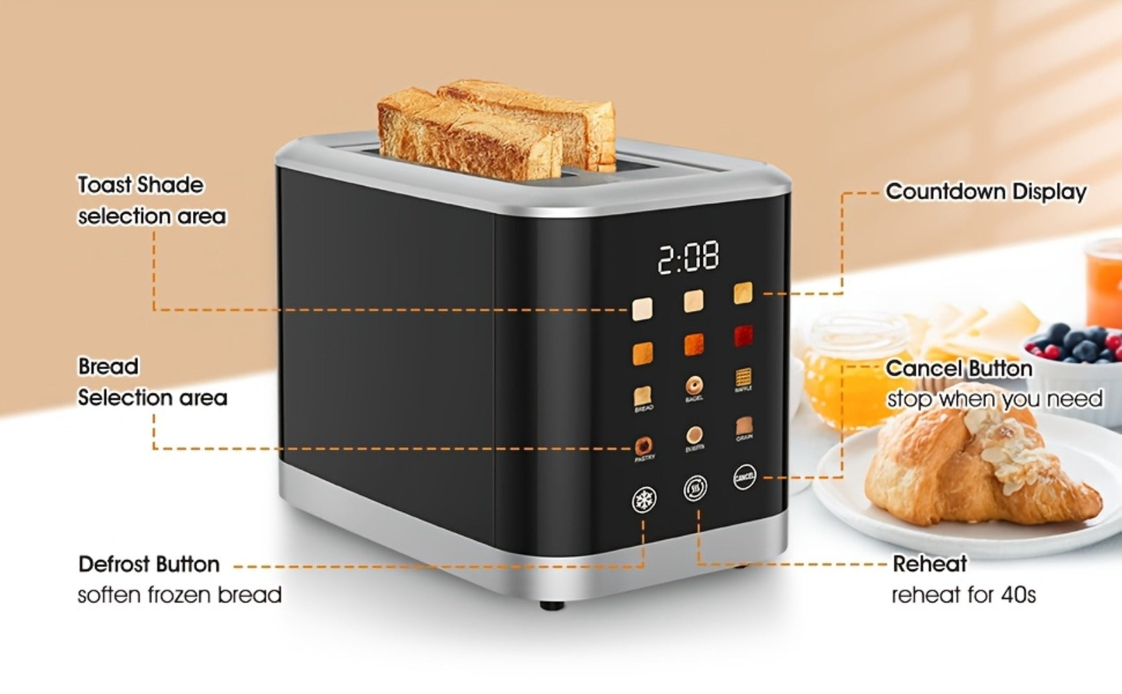 2 Slice Toaster with Touch Screen ¨C 1.5¡± Wide Slot for Bread, Bagels & English Muffins, 6 Bread Types, 5 Toast Shade Settings, Cancel & Defrost Functions