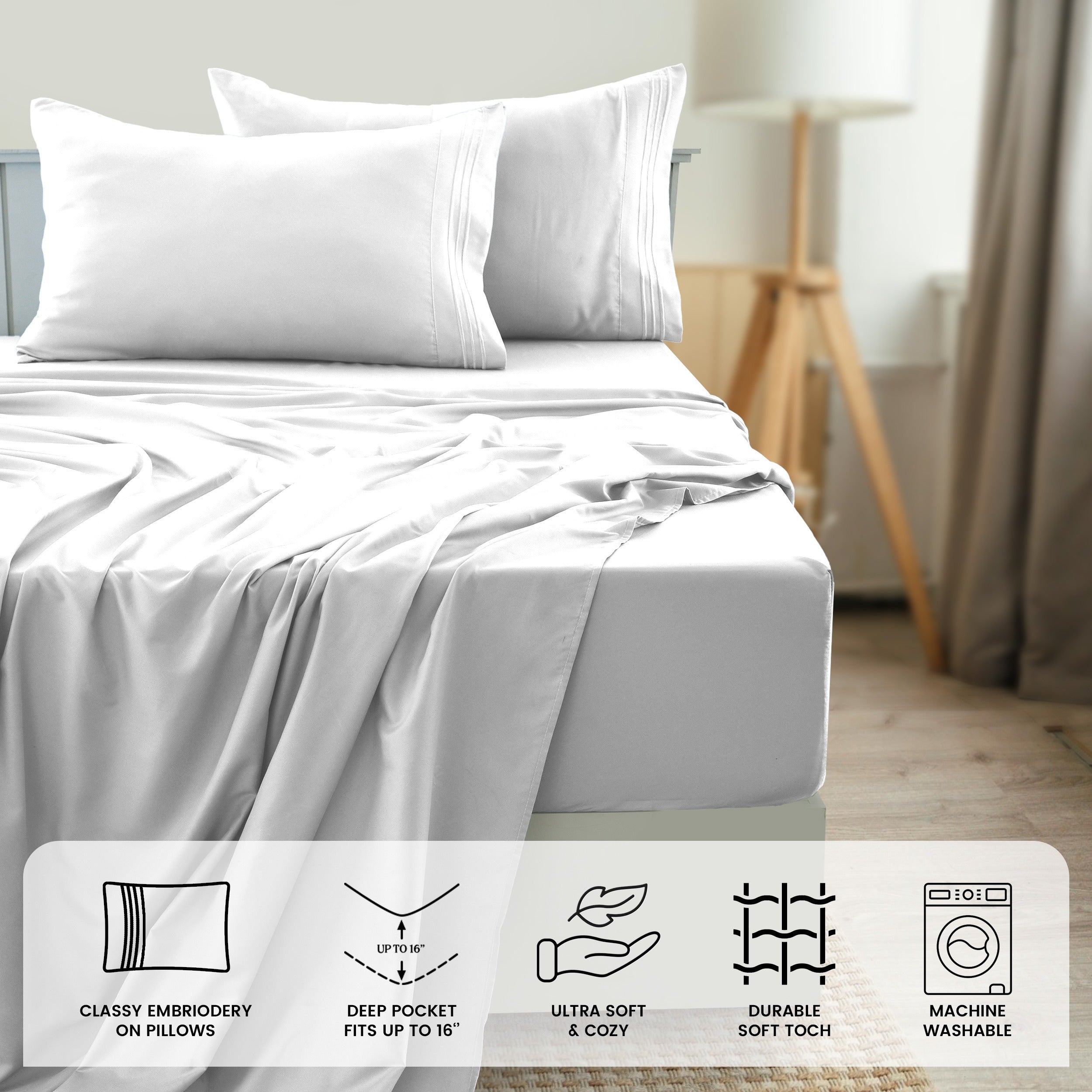 Fitted Sheet Set 6-Piece Brushed Polyester Deep Pocket Bed Sheets 20 Colors Hotel Luxury Soft Bedding with Embroidered Pillowcases