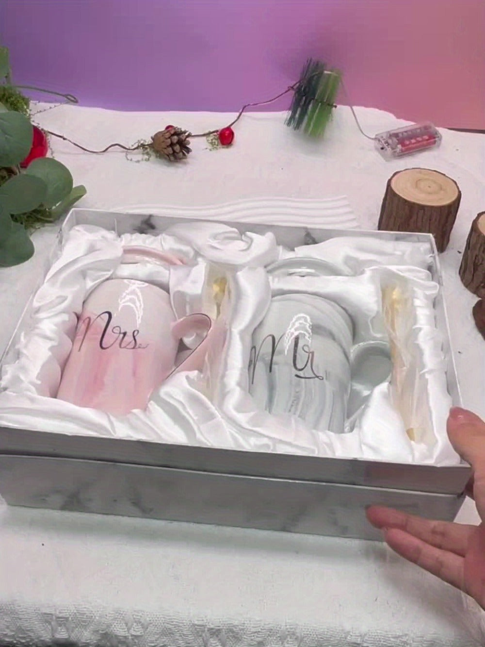Mr and Mrs Mugs Wedding Gift Set 14oz Ceramic Marble ¨C Bride and Groom Couples Mugs | Bridal Shower Engagement Anniversary Gift | Reusable Grey Pink Couple Coffee Mugs
