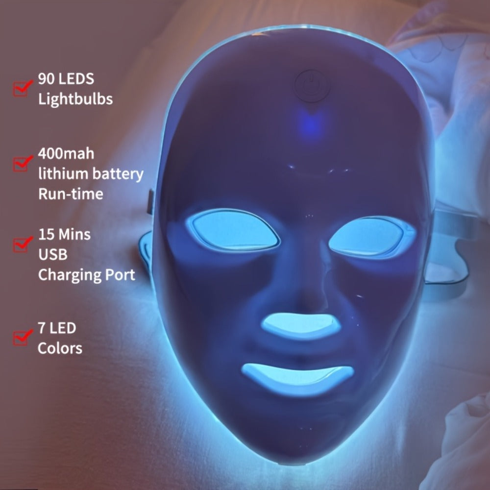 LED Light Therapy Facial Mask Device 7 Color Photon Skin Rejuvenation Face Care Beauty Tool USB Rechargeable Anti-Aging Wrinkle Acne Treatment Home Spa Gift