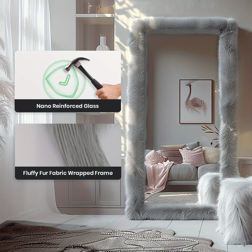 Full Length Mirror with Faux Fur Frame 24x63 Inch Leaning Floor Mirror for Bedroom Living Room Hallway Vanity Dressing Mirror Pink Gray White