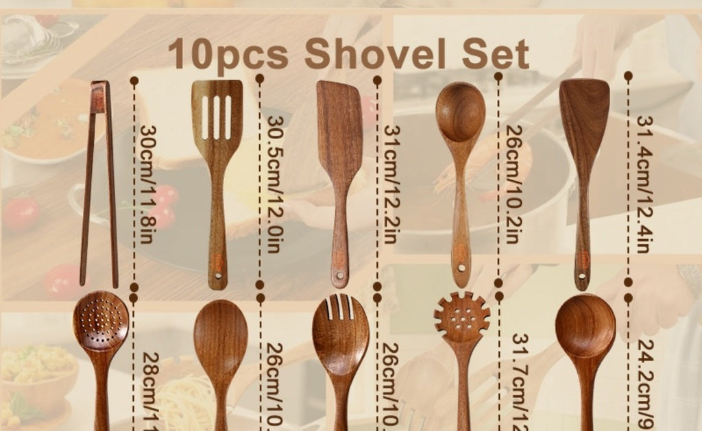 Wooden Spoons for Cooking 10 Pcs ¨C Teak Wood Kitchen Utensils Set, Non-Stick Safe Spatulas & Spoon Cooking Tools