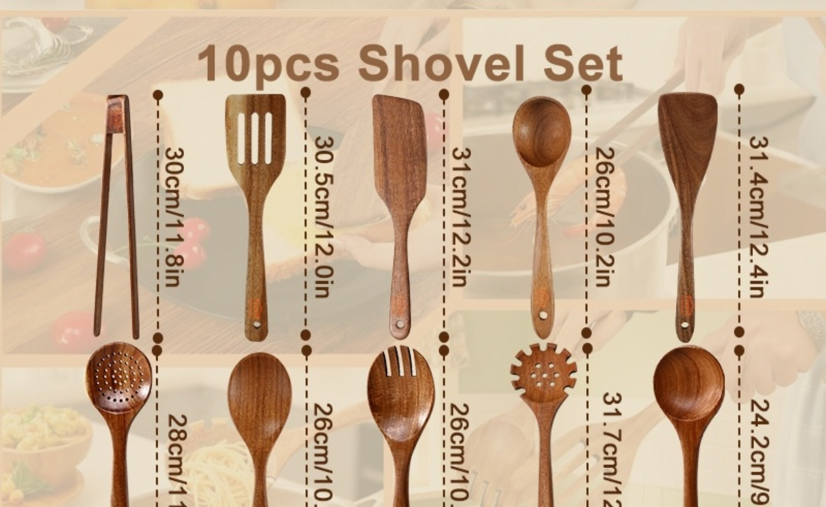 Wooden Spoons for Cooking 10 Pcs ¨C Teak Wood Kitchen Utensils Set, Non-Stick Safe Spatulas & Spoon Cooking Tools