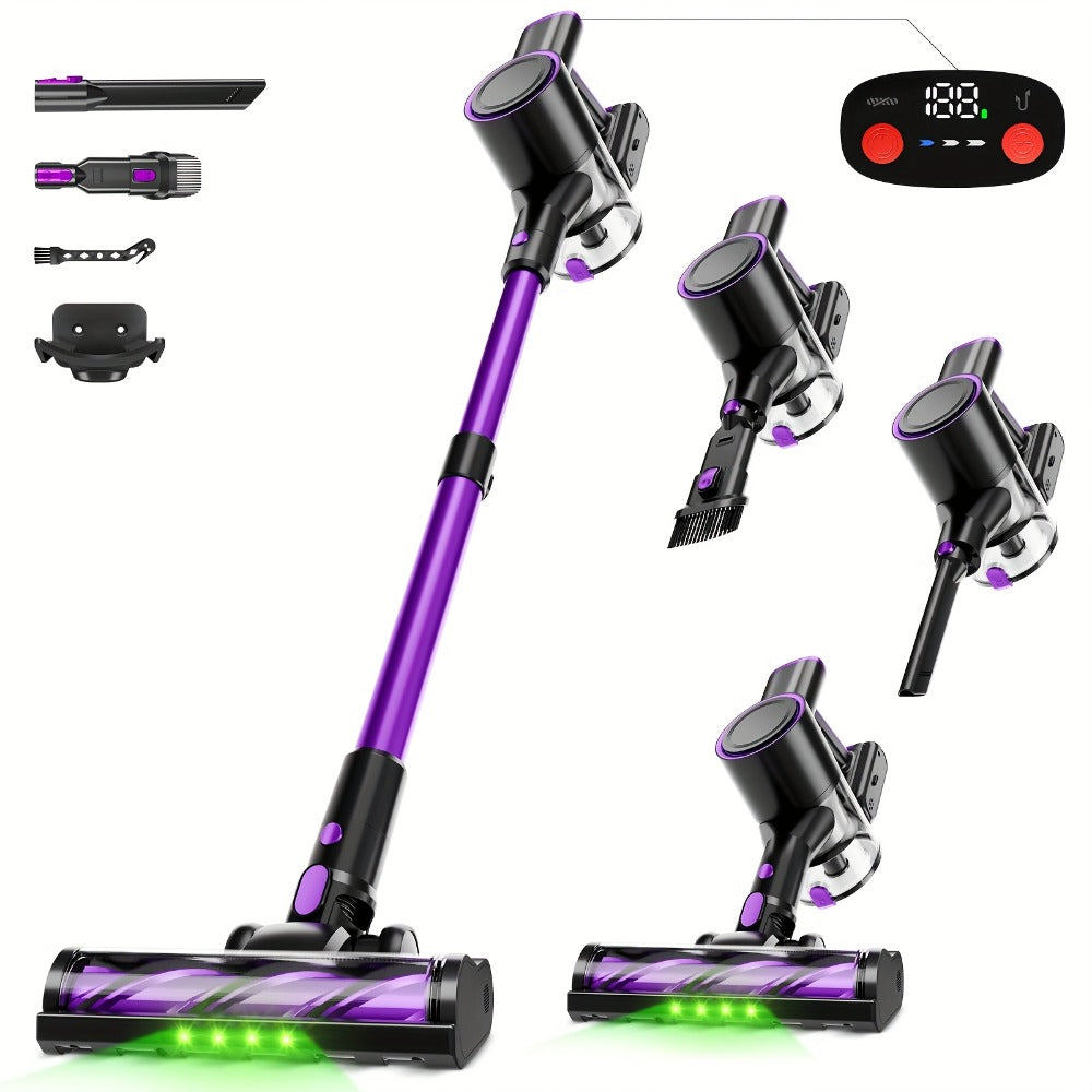 Cordless Stick Vacuum Cleaner 51-68KPa 3-Speed LED Floor Brush 45-Min Runtime Detachable Lightweight for Pet Hair Carpet Hard Floor