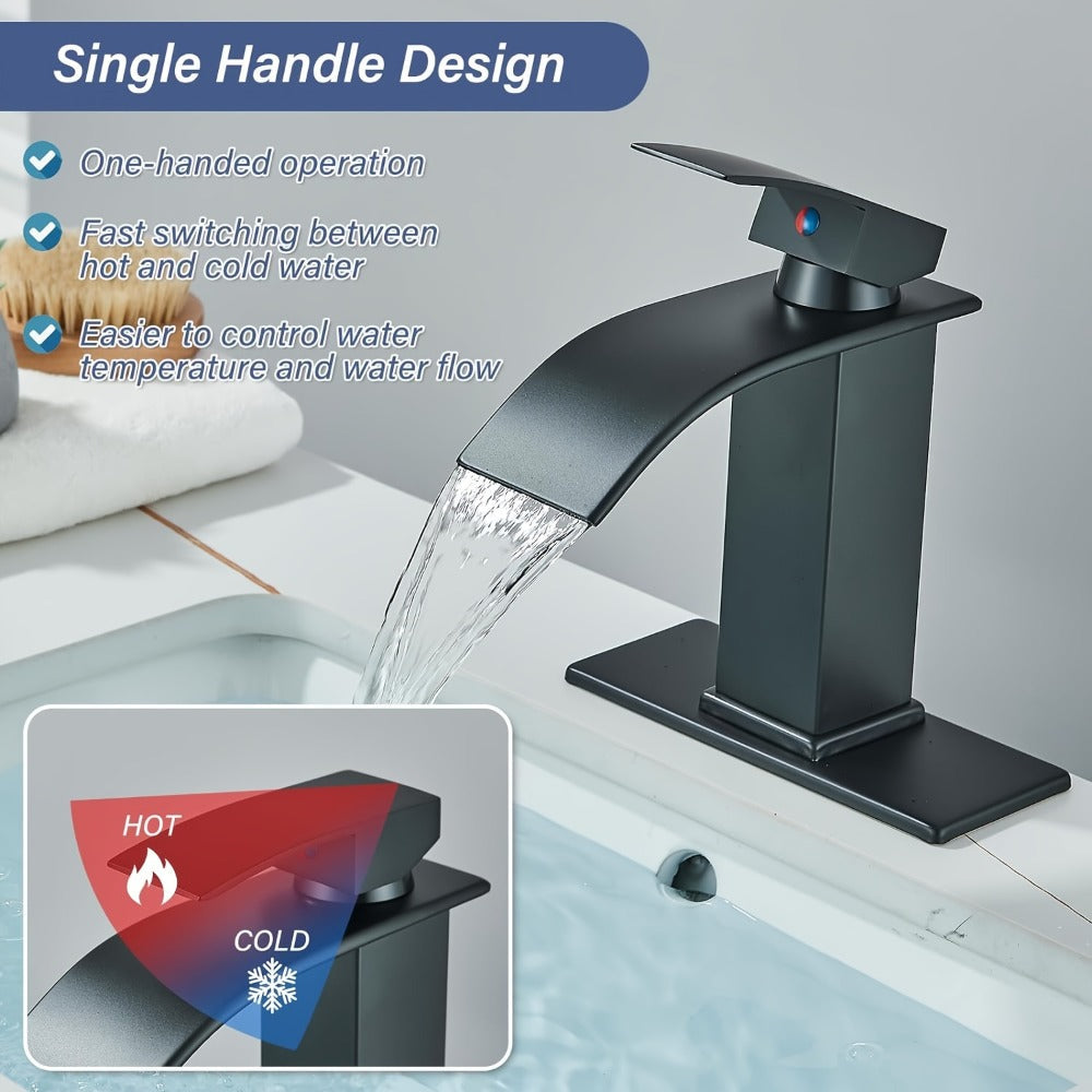 Waterfall Bathroom Faucet Single Handle - Modern Sink Faucet with Valve, Chrome & Matte Black & Brushed Nickel & Brushed Gold Finish, 1 or 3-Hole Deck Mount, G9/16 Threads, Water Supply Lines Included