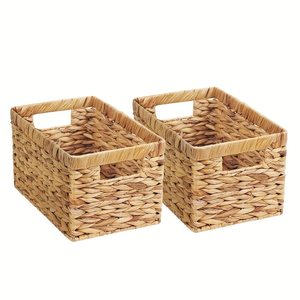 Wicker Storage Basket with Built-in Handle, Natural Rattan Boho Stackable Shelf Organizer Bin for Bathroom Bedroom Living Room Kitchen Closet Home Decor