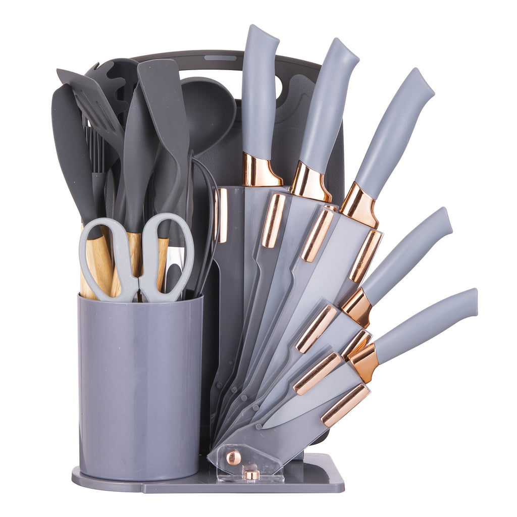 19-Piece Kitchen Knife & Utensil Set with Wooden Handles, Non-Stick Blades, Silicone Cooking Tools, Cutting Board, Scissors & Holder