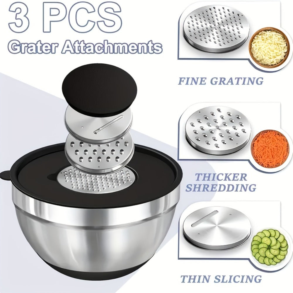 Stainless Steel Mixing Bowls with Airtight Lids 26pcs Set, 3 Grater Attachments, Non-Slip Bottoms, 7Qt 4Qt 2.5Qt 2Qt 1.5Qt 1Qt, Nesting Bowls for Mixing Serving Salad Baking