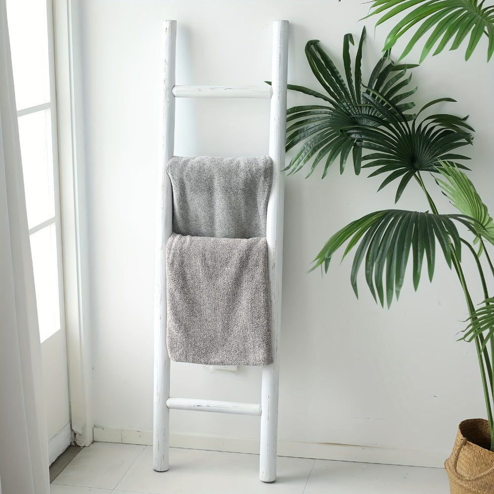 Blanket Ladder 57 Inch Wood Freestanding Farmhouse Quilt & Towel Display Rack - Rustic Wooden Wall Leaning Holder for Living Room, Bedroom & Bathroom Decor, Available in Brown, Black & White
