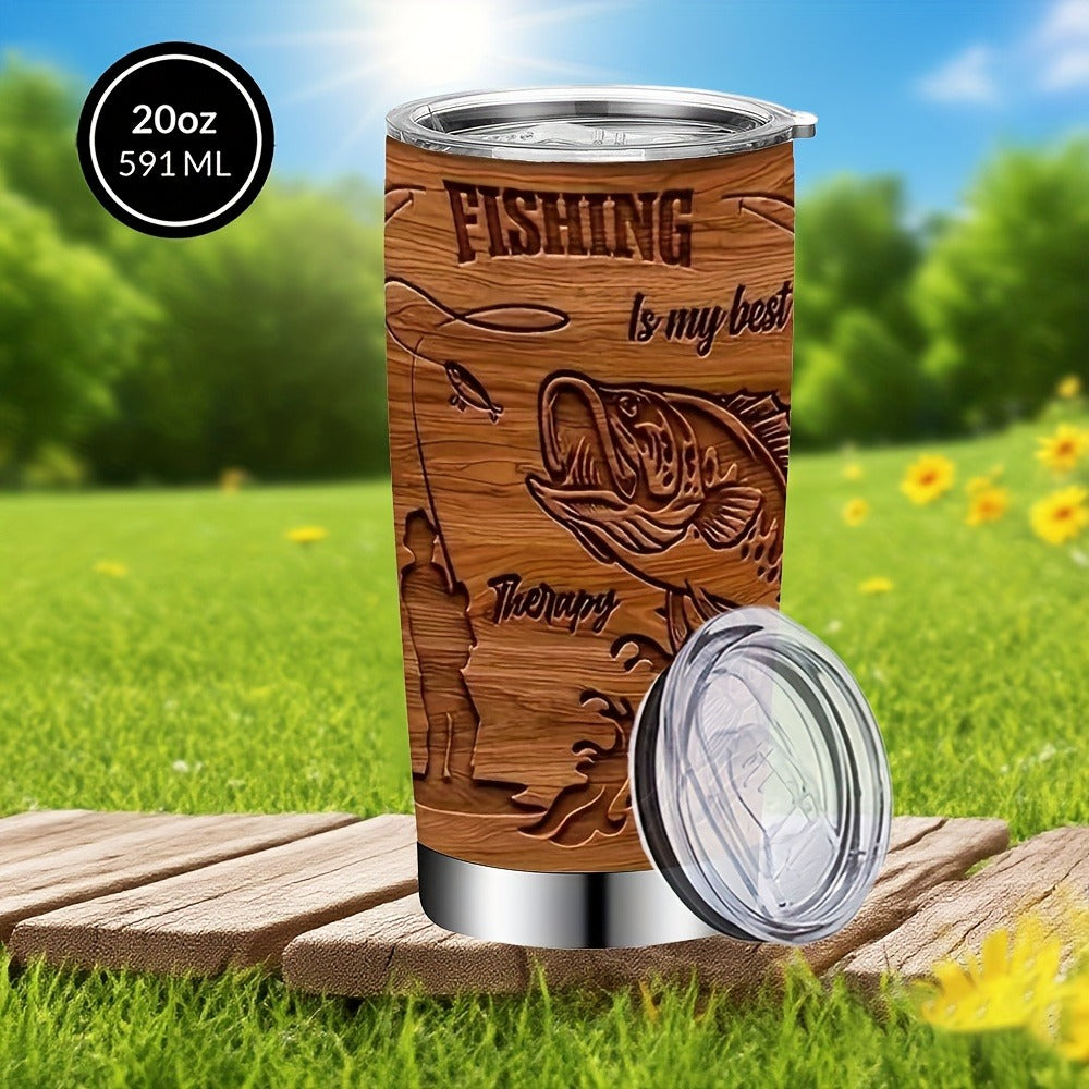 Fisherman Graphic Insulated Tumbler 20oz 304 Stainless Steel with Lid and Straw Travel Cup for Hot Cold Drinks Camping Drinkware Gift for Dad Birthday Fathers Day Brown