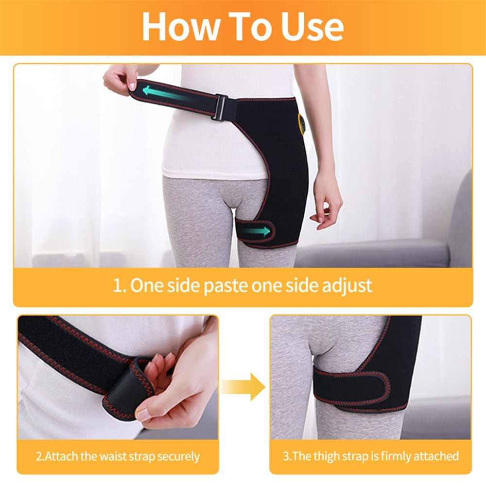 Heated Hip Brace Massager USB Electric for Men & Women - 3 Vibration & 3 Heat Settings Hip Thigh Support Wrap with Heating Pad, Hamstring Pain Relief Brace, USB Rechargeable, Black