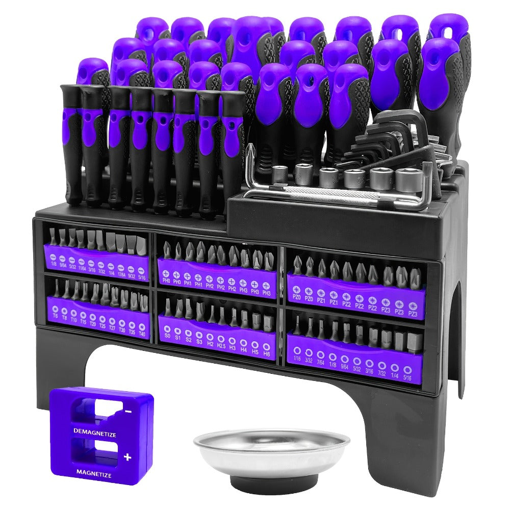 Magnetic Screwdriver Set 118pcs with Plastic Rack & Magnetic Tool Bowl, Chrome Vanadium Steel Multi-Size Precision Screwdriver Kit, Non-Slip Rubber Handle Tool Set for Electronics, DIY & Home Repair (Purple)