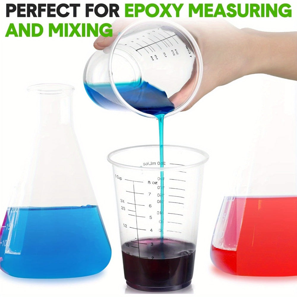 Plastic Measuring Cups with Wooden Sticks 100 Sets Clear Graduated Mixing Cups oz/ml/cc for Resin, Cooking, Baking & Epoxy ¨C Disposable Paint Mixing Cups