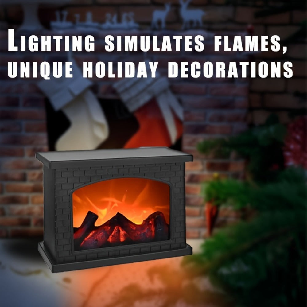 Simulated Charcoal Flame Fireplace Light, Battery & USB Powered Vintage Indoor Mood Light for Christmas Halloween Patio Decoration, Square Tabletop Fireplace Ornament