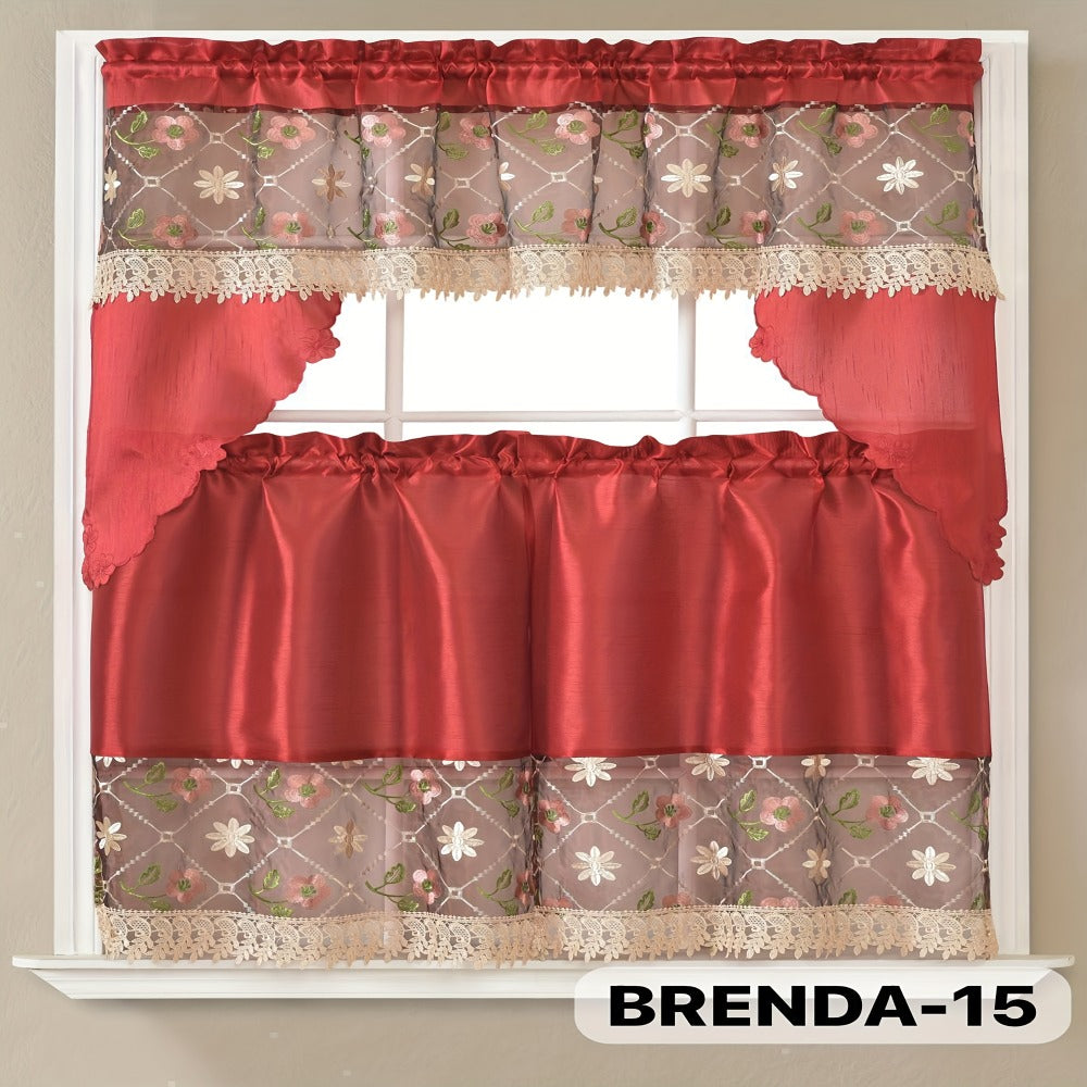Kitchen Curtains 3 Piece Set Embroidered Satin Valance and Tiers - Rod Pocket Light Filtering Machine Washable 46 Colors Available All Season Home Decor