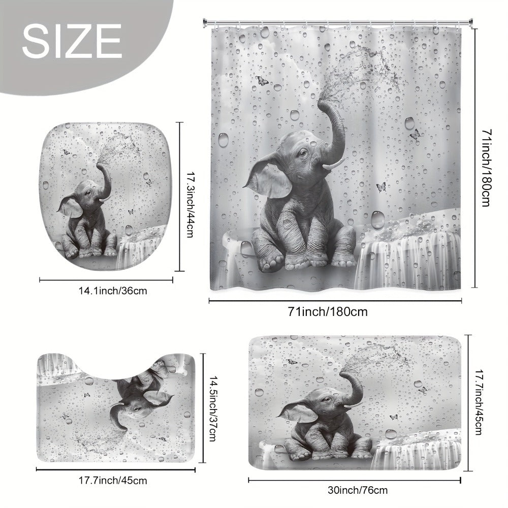 Shower Curtain Set Funny Elephant Bathroom Decor with Hooks Anti-Slip Floor Mat Toilet U-Shaped Mat African Wildlife Bath Decor Gray