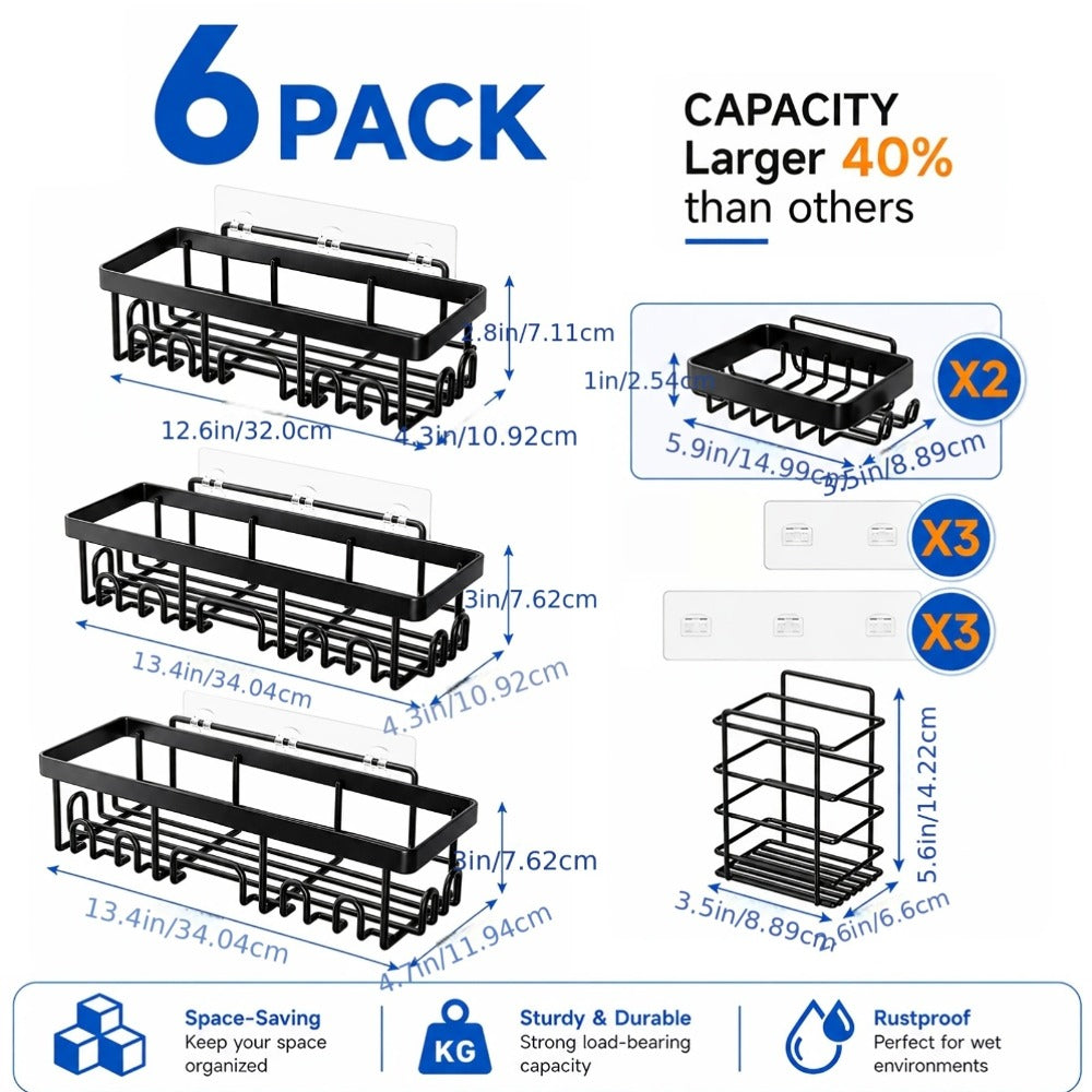 Shower Caddy Organizer Set 6 Piece No Drilling - Adhesive Wall Mounted Bathroom Storage Rack 13 Inch Toilet Paper Holder Soap Dish Toothbrush Holder Shower Shelf | Black | Kitchen Bathroom Organization