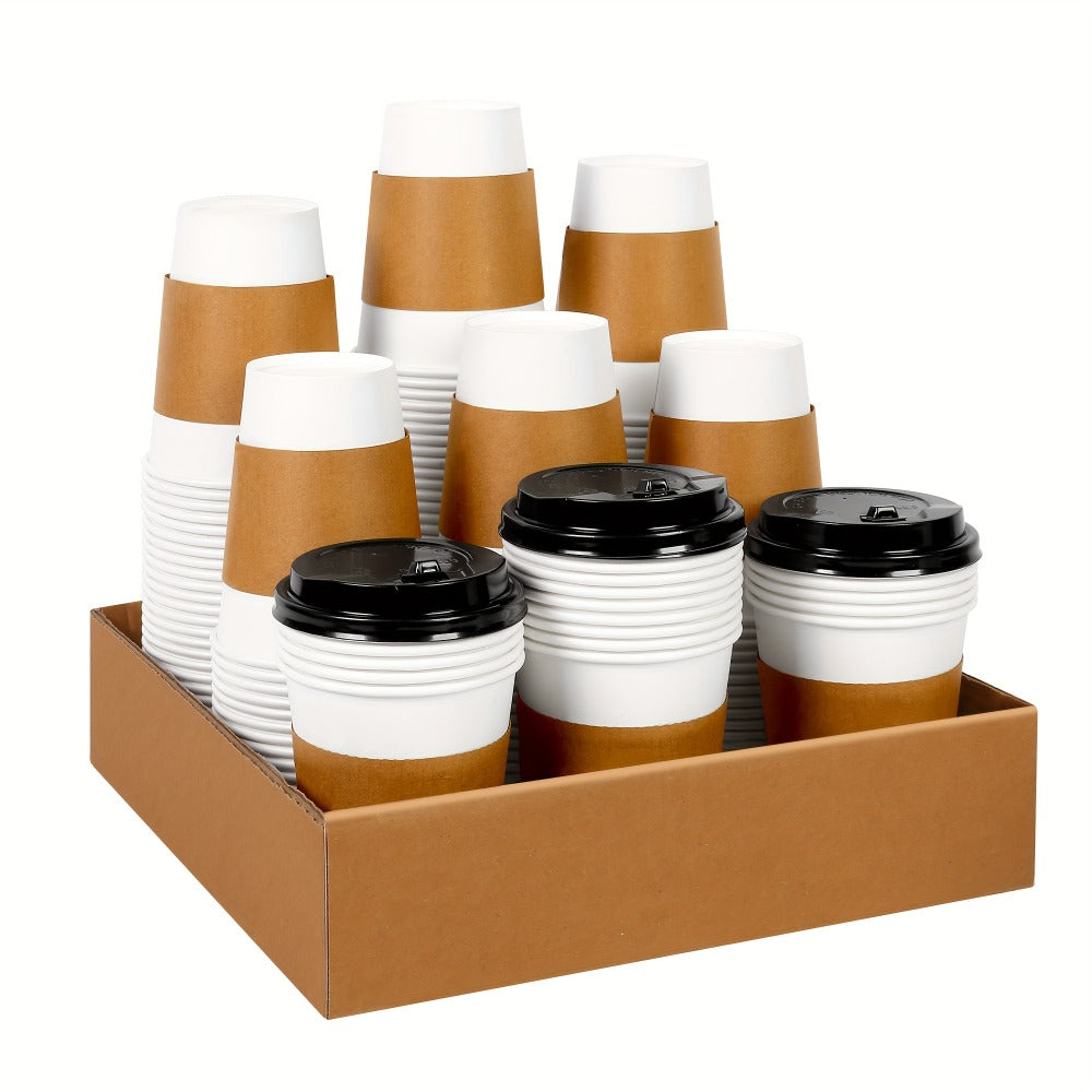Disposable Paper Coffee Cups with Lids and Sleeves 12oz ¨C Leak-Proof To-Go Hot Coffee Cups with Insulated Sleeve for Home, Office, Party & Coffee Bar | 50 or 100 Pack