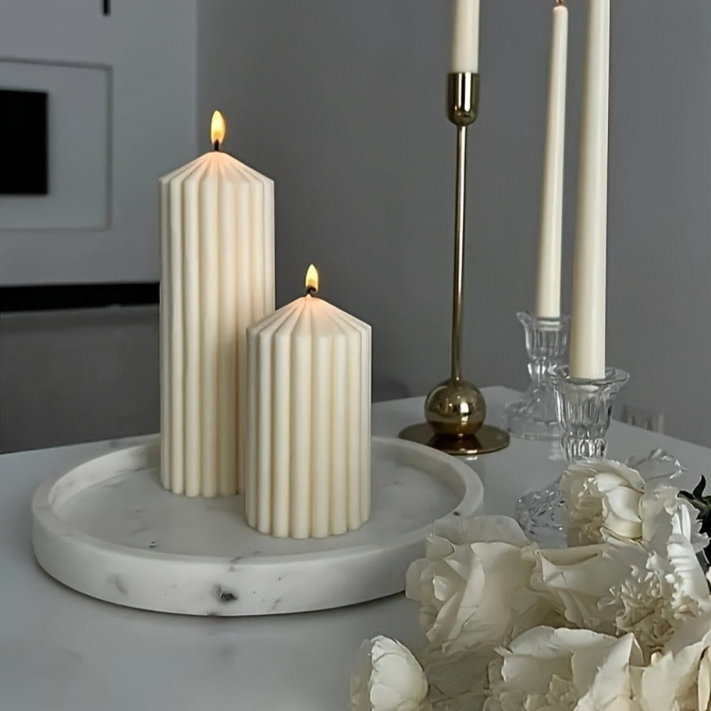 Ribbed Soy Wax Pillar Candles 2-Pack White - 20 Hour Burn Cylindrical Candles for Home Decor, Wedding, Christmas, Valentine's Day & Birthday